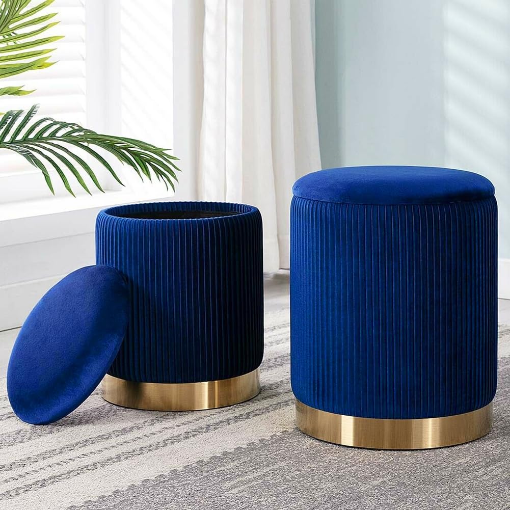 Shally Dogan Set 2 Pouf Contenitori in Velluto, Design Moderno con Fascia in Metallo, Poggiapiedi Rotondo Capiente, Sgabello Tondo con Coperchio Rimovibile e Seduta Imbottita Alta Densità (Blu)