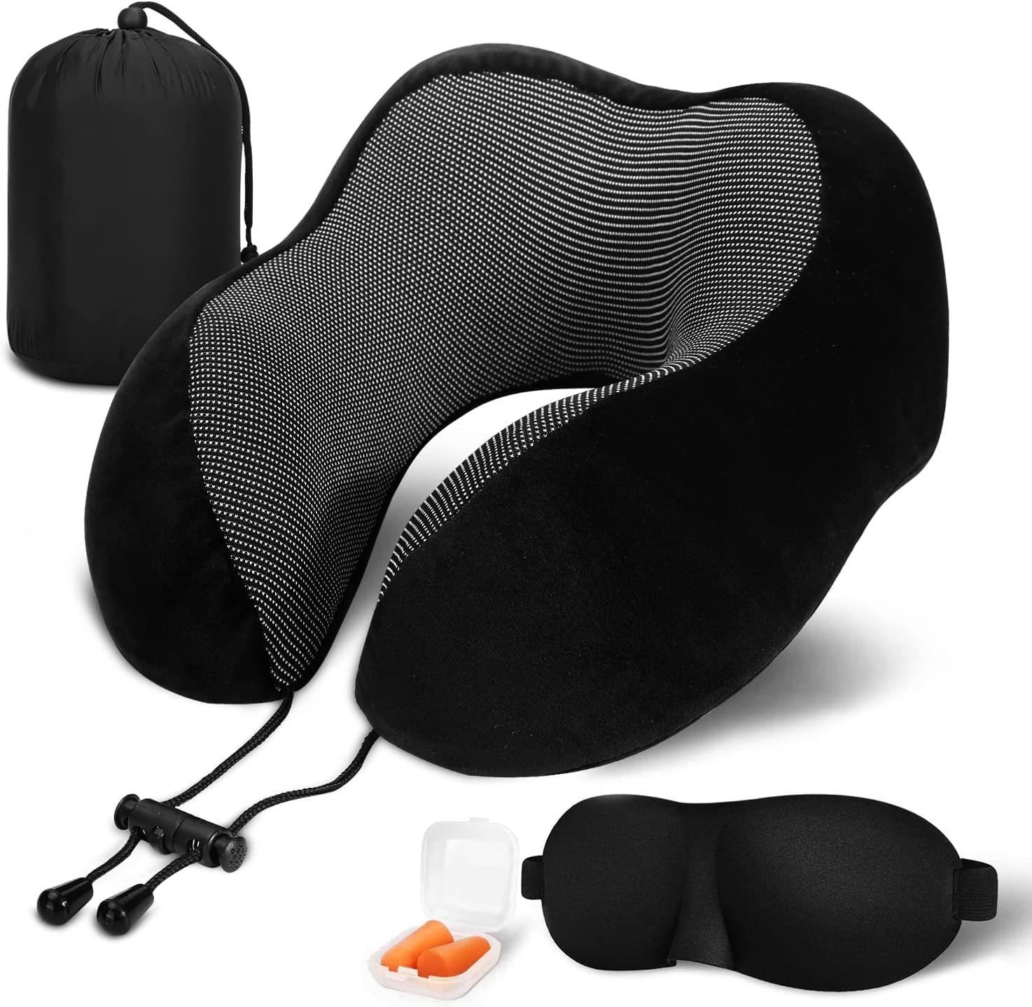 MAANYSMAANYS Travel Pillow for Airplane Sleeping, Memory Foam Neck Pillow, Versatile Usage for Travel, Car, Office, Work from Home, Ideal Travel Kit with 3D Eye Mask, Earplugs & Portable Luxury Bag(Black)