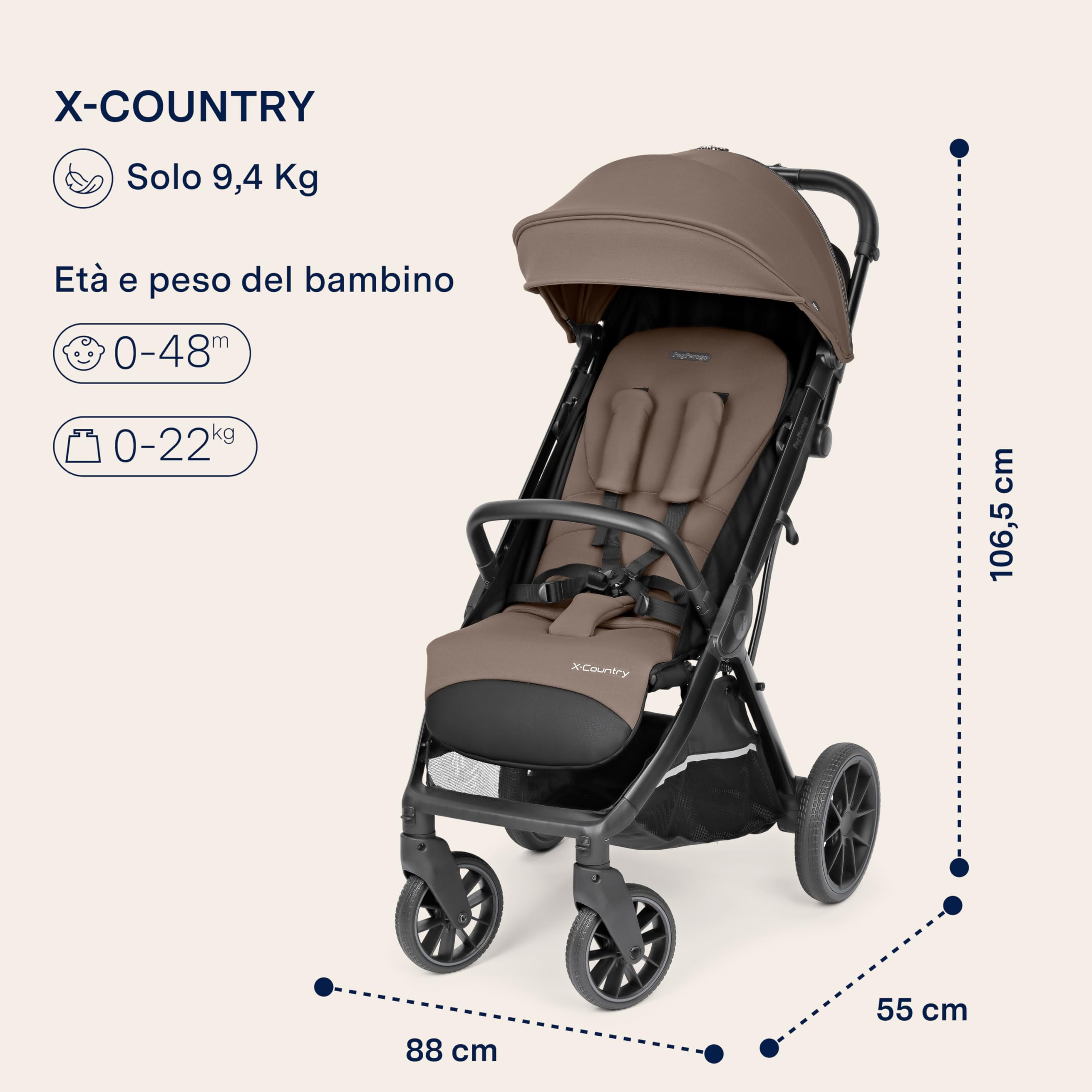 PEG X-Country Passeggino Fuoristrada Leggero Off-Road, Parapioggia Incluso, Ruote XL All-Terrain Ammortizzate, Schienale Reclinabile, Chiusura Automatica, 0-22 kg, Pine Bark