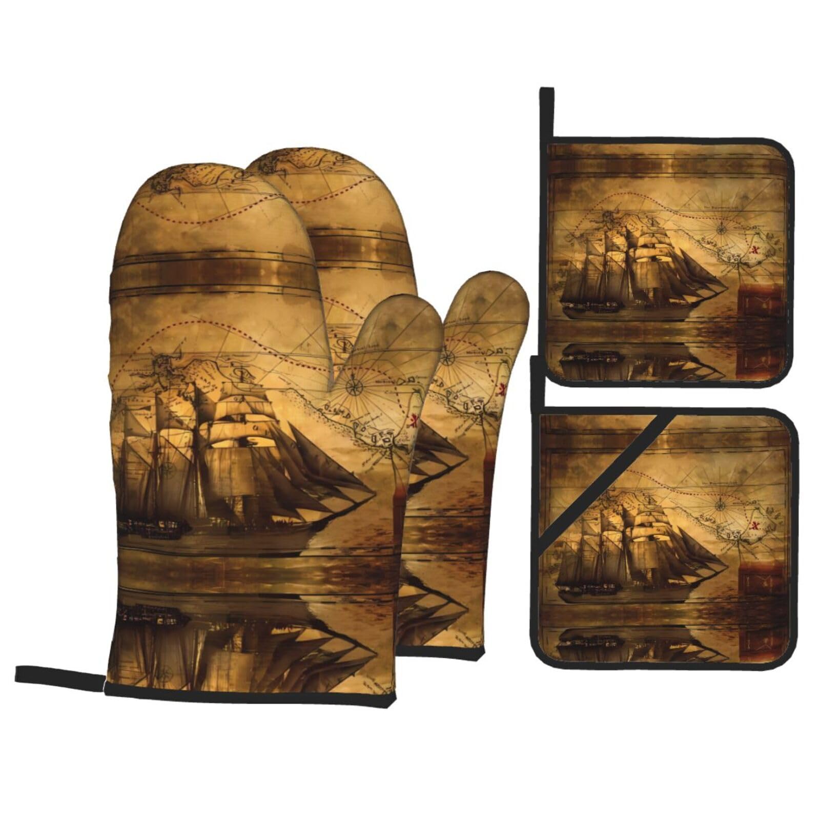 YYHHAOFA Sailing Pirate Theme Prints Kitchen Baking Set with Heat Resistant Pot Holders & Oven Mitts - Waterproof Layers for Cooking, Grilling & Serving, Includes Pocket Layer