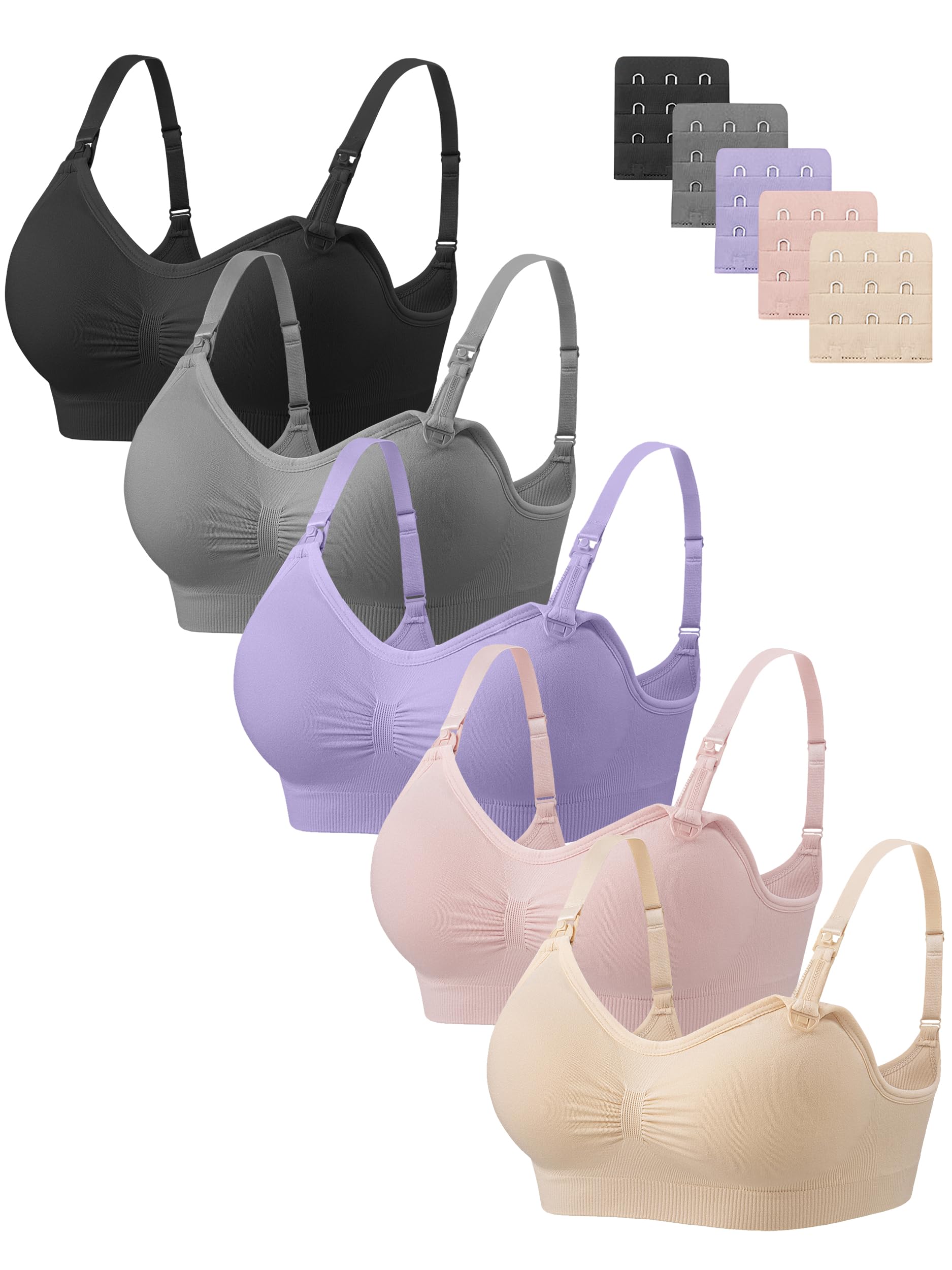 Angelhood Nursing Bra 5 Pack Womens Maternity Breastfeeding Bra Seamless Wireless Sleep Bra with Bra Extenders, 5 Pack M