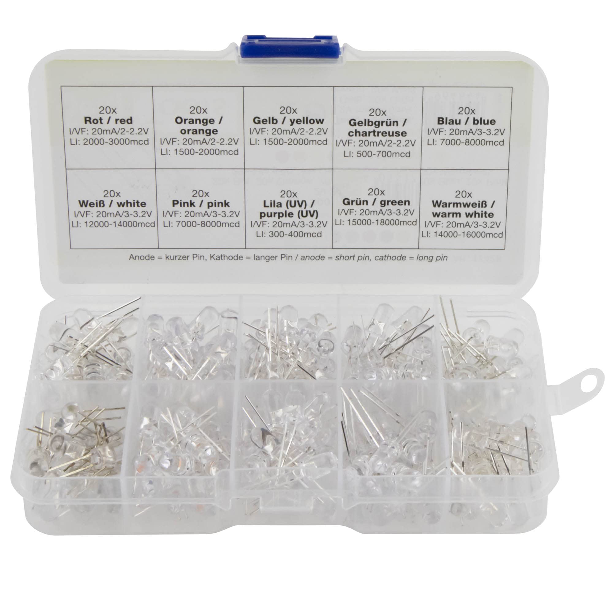 SeKi Assortimento LED con 200 diodi luminosi da 5 mm, 10 valori, rosso, arancione, giallo, verde, blu, rosa, viola (UV), giallo, verde, bianco, bianco caldo, super luminoso