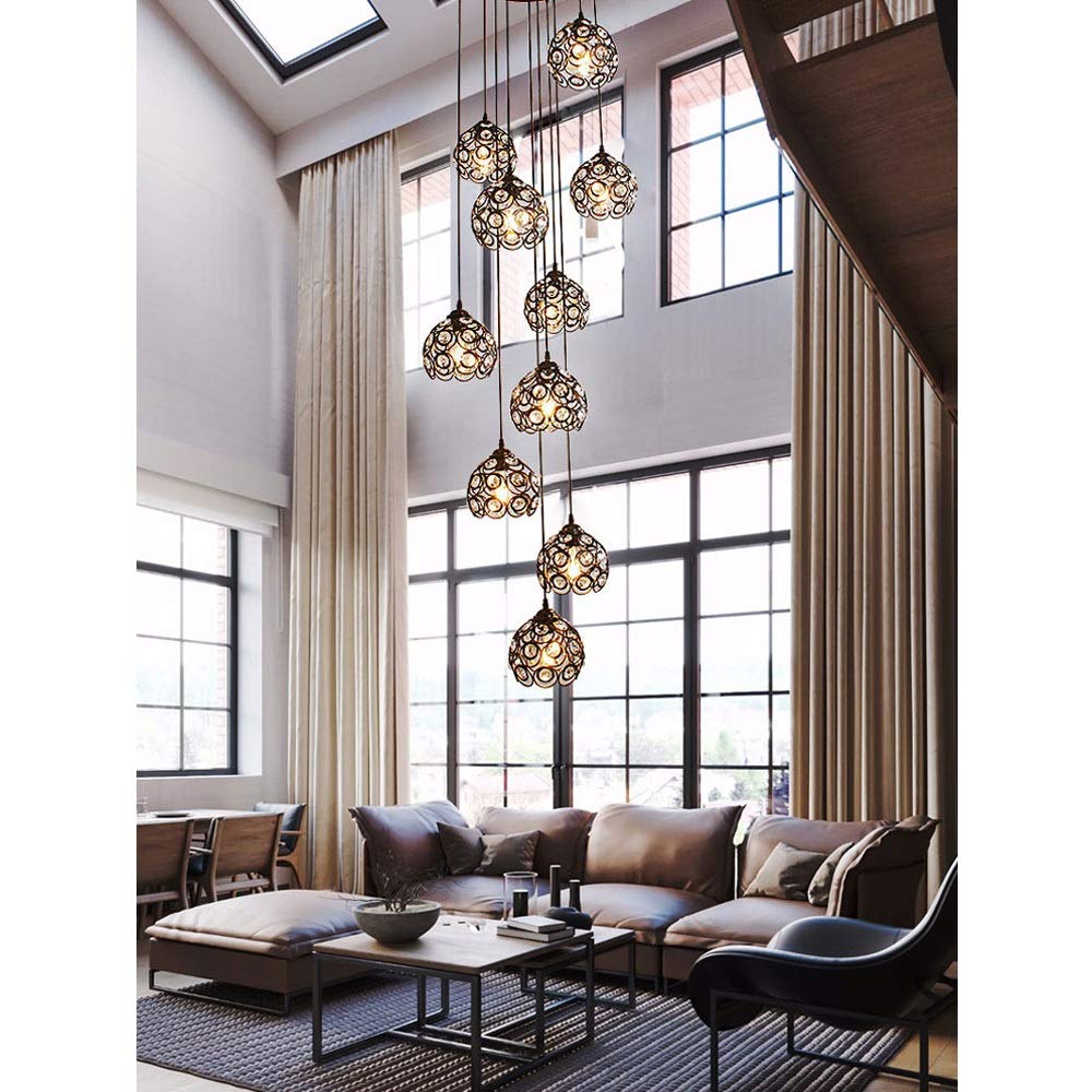 Plafonnier industriel rétro noir avec long abat-jour en cristal E27 pour grand escalier