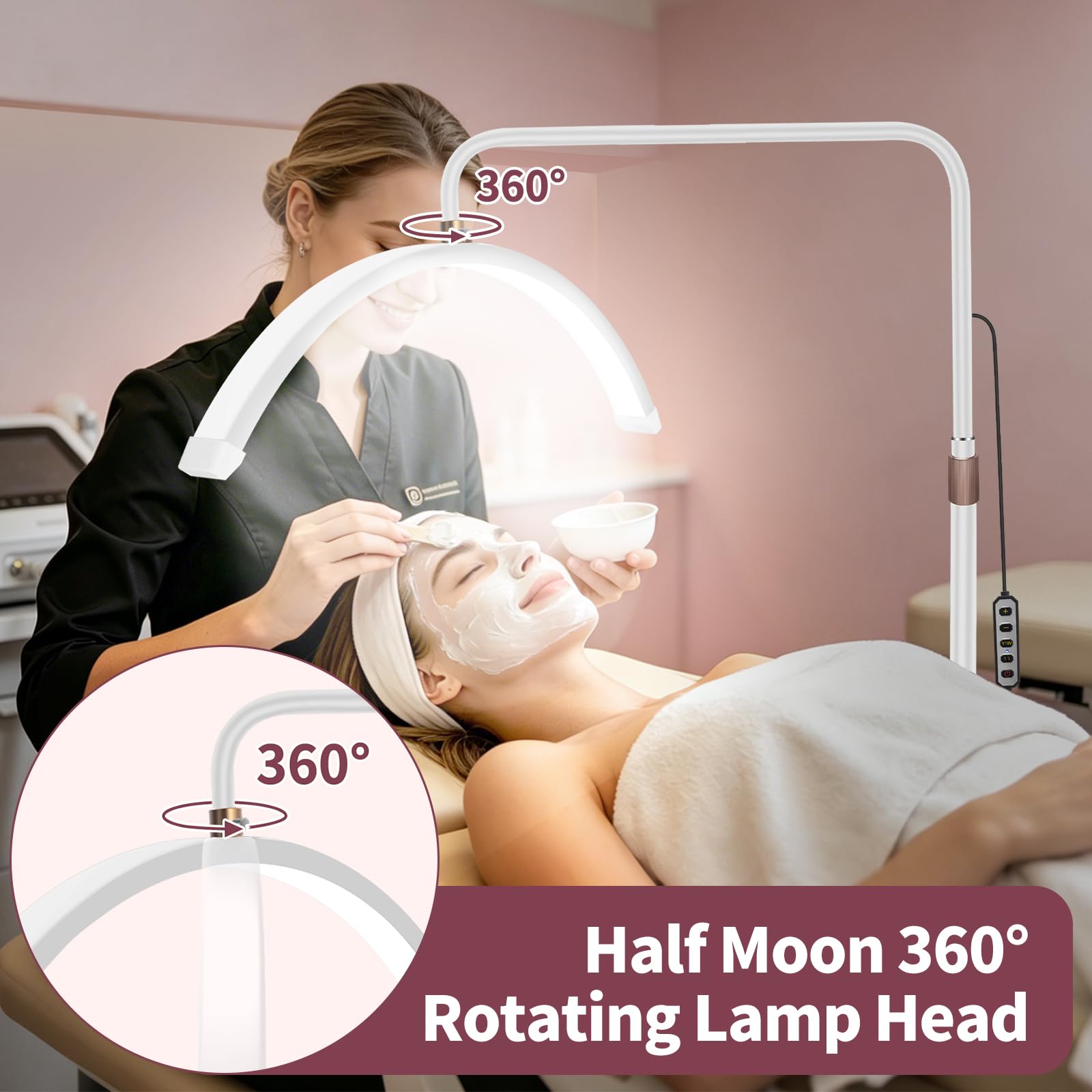 Diesisa Lampada Extension Ciglia Da Terra: LED Lampada Mezza Luna Ciglia con Porta Cellulare -Luminosità e Altezza Regolabili - Testa Girevole A 360° - Lampada Estetista per Ciglia/Manicure/Tatuaggi