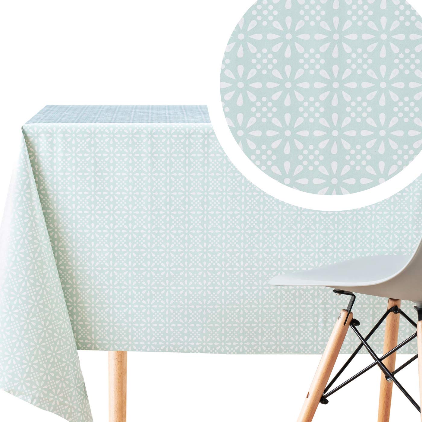 KP HOME Square Shape Mint Teal PVC Wipe Clean Oilcloth Tablecloth With White Floral Print - 140x140cm - Classic Teal Wipeable Vinyl Plastic Table Cloth