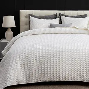 Powdion Velvet Quilt Queen Size, Oversized Bedspread Quilted Bedding Set, Luxurious Soft Coverlet Set Lightweight Velvet Comforter for All Season with Pillow Shams, Striped, Full/Queen, White