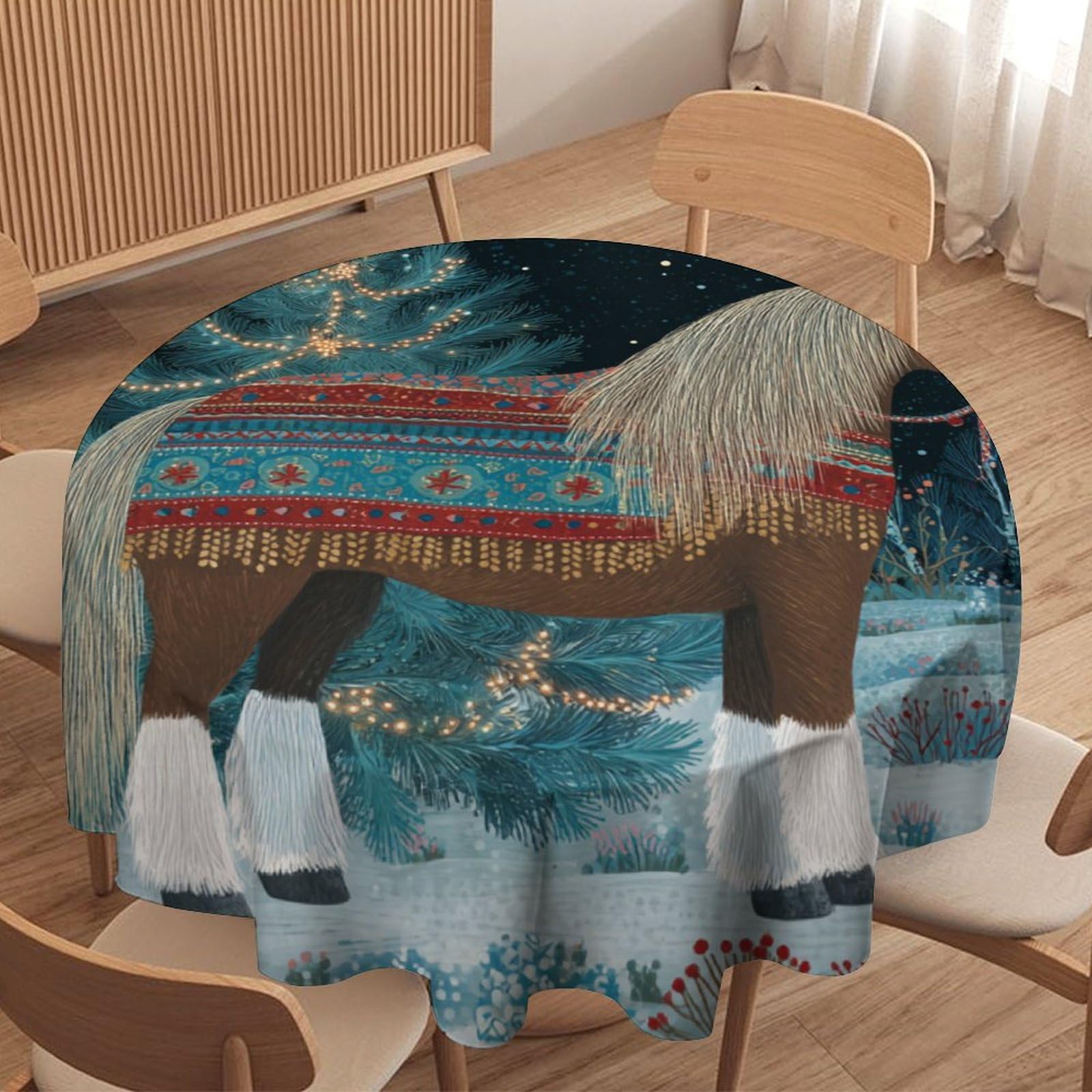 LUYYSKY Modern Classic Wildlife Horse Waterproof Round Tablecloth Retro Oil Painting Christmas Xmas Tree Cowboy Theme Wildlife Horse Washable Table Cover for Kitchen-177.8" Wx177.8 L cm