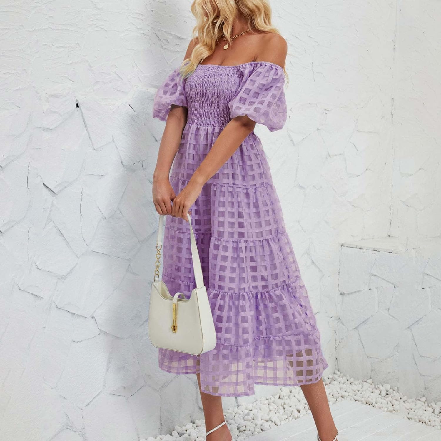Women's Boho Sundress Flowy Short Sleeve Square Neck Midi Dress Smocked 2024 Spring Summer Wedding Guest Dresses