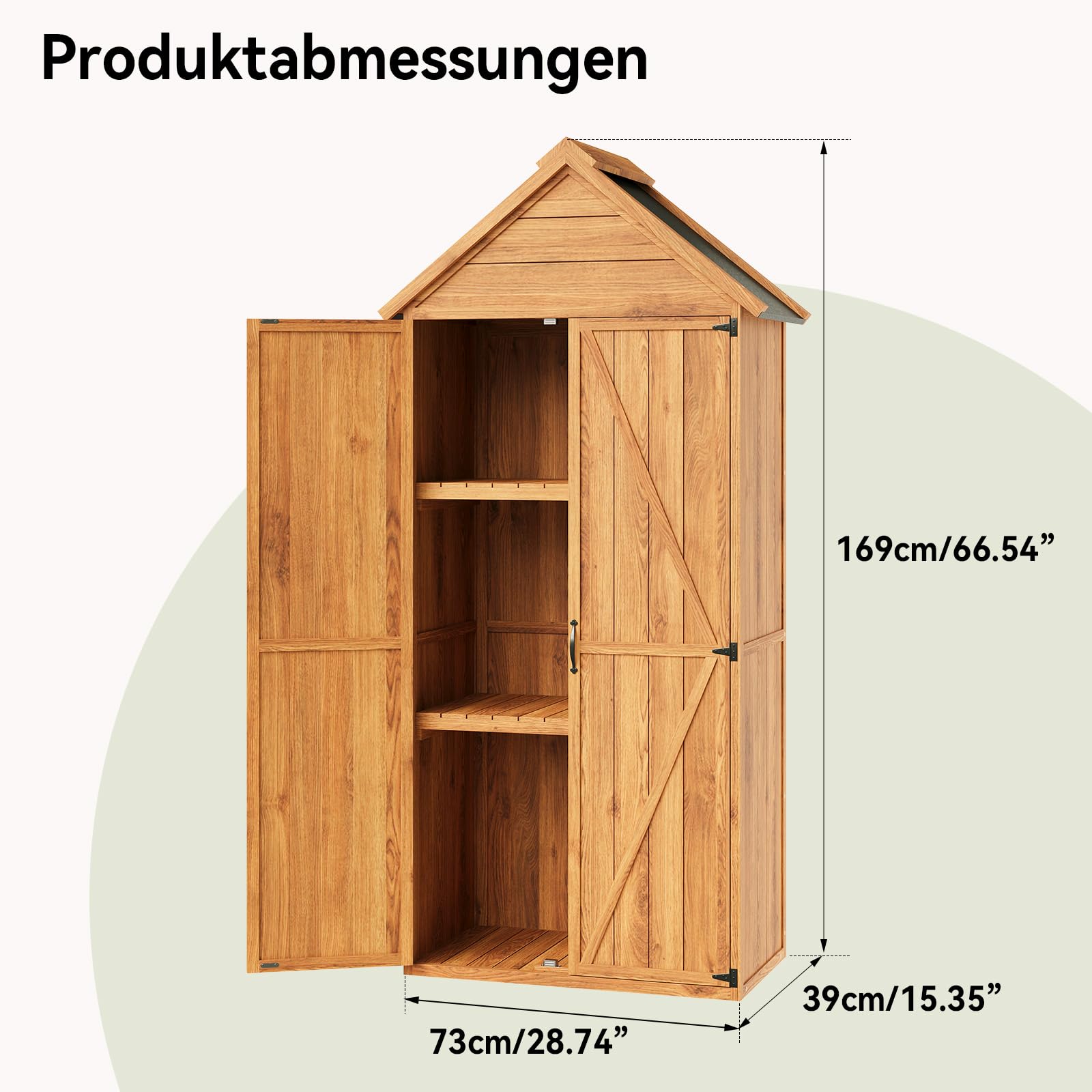 Aoxun Geräteschuppen Holz 73x39x169cm mit Regalen Asphaltdach Doppeltüren wetterfest Gartenschrank Outdoor