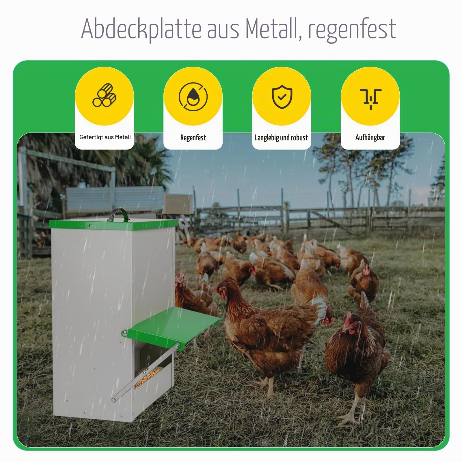 Automatischer Hühnerfutterspender 11,3 kg Metall Geflügel Futterspender mit Deckel Großer Hühnerstall Feeder Hängende Hühnerfutterstation Trog für Wachteln Hühner Enten