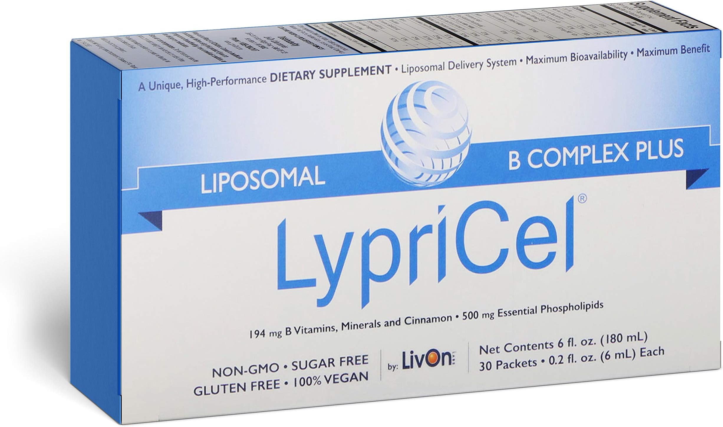 LypriCel Liposomal B Complex Plus – 30 Packets – 194 mg B Vitamins, Minerals & Cinnamon Per Packet – Liposome Encapsulated for Maximum Bioavailability – Non-GMO