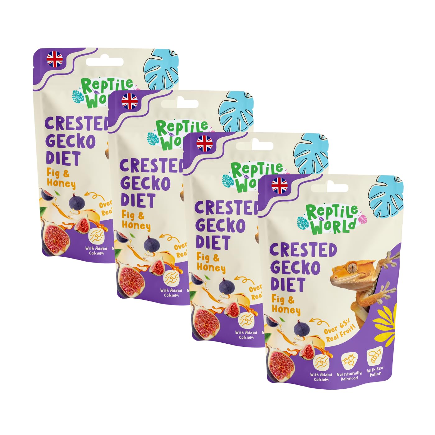 Reptile World Crested Gecko Diet - Fig & Honey 60g x 4 | Complete Food for Geckos, All Natural, Over 65% Real Fruit, Made in the UK