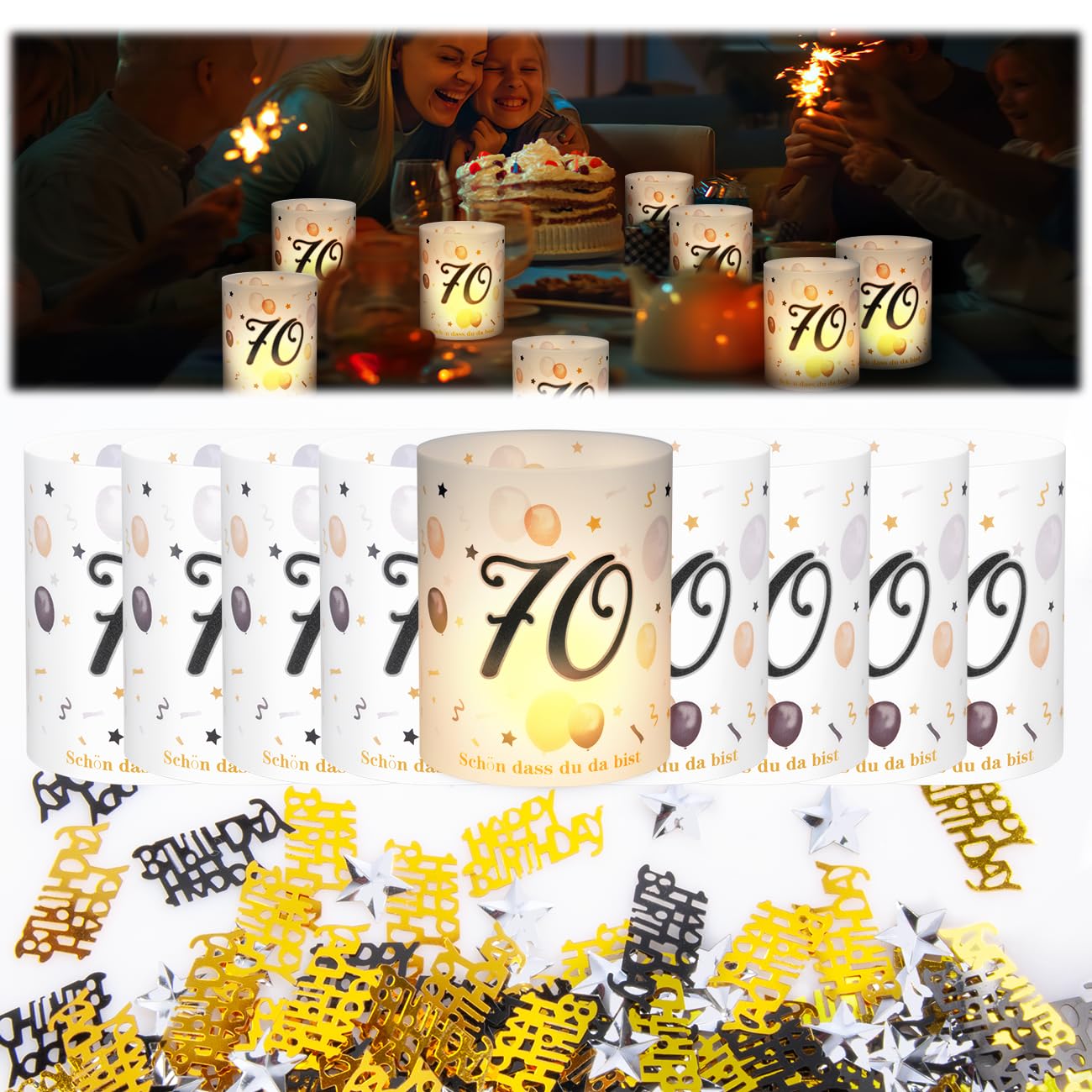 70th Birthday Table Lantern Decoration, Candles