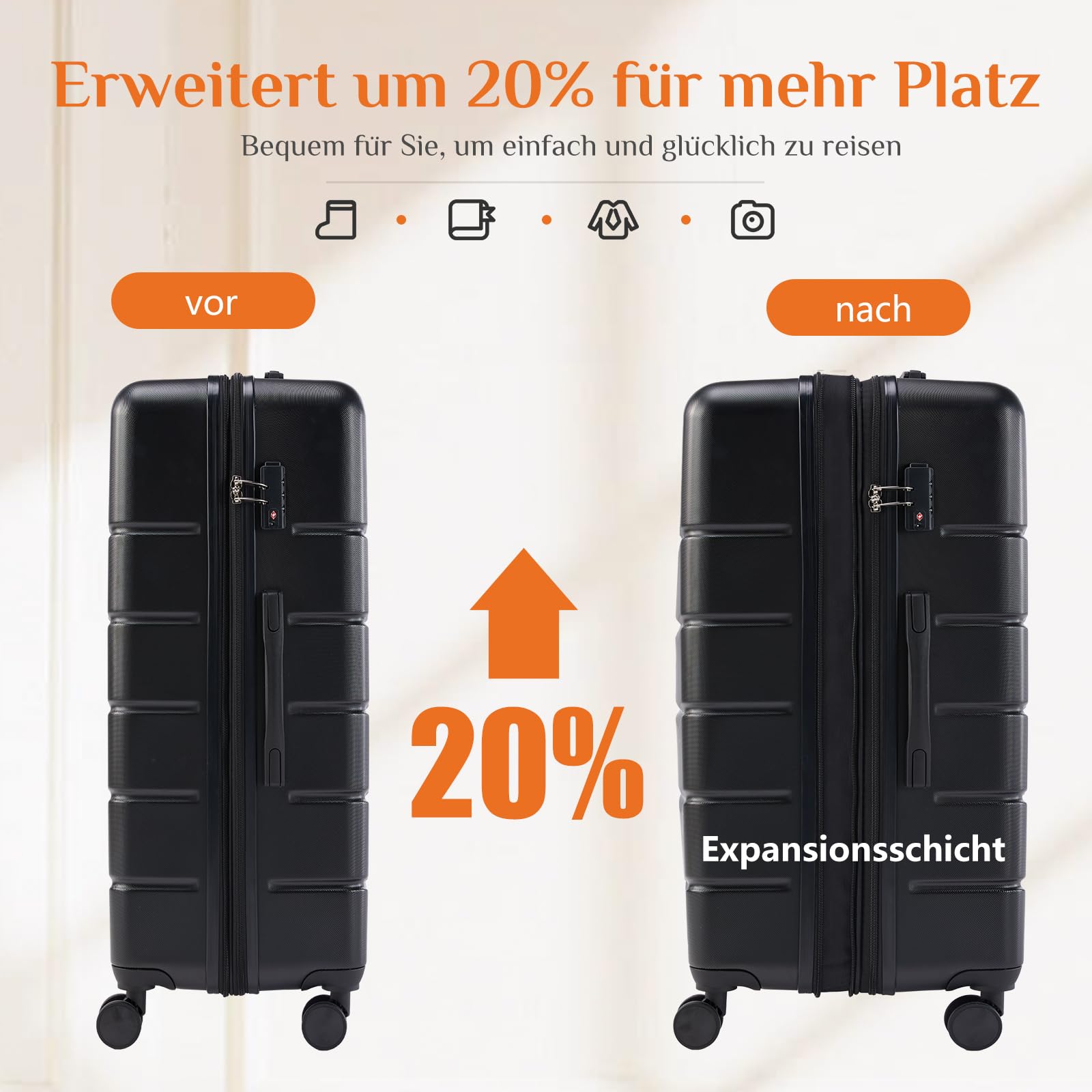 Sweetcrispy Kofferset 3 Teilig Hartschale-Reisekoffer Set ABS+PC Erweiterbar, TSA Schloss, Leise 360°-Rollen, 20/24/28 Zoll (M/L/XL)-Leichtes Koffer Set, Handgepäck Geeignet
