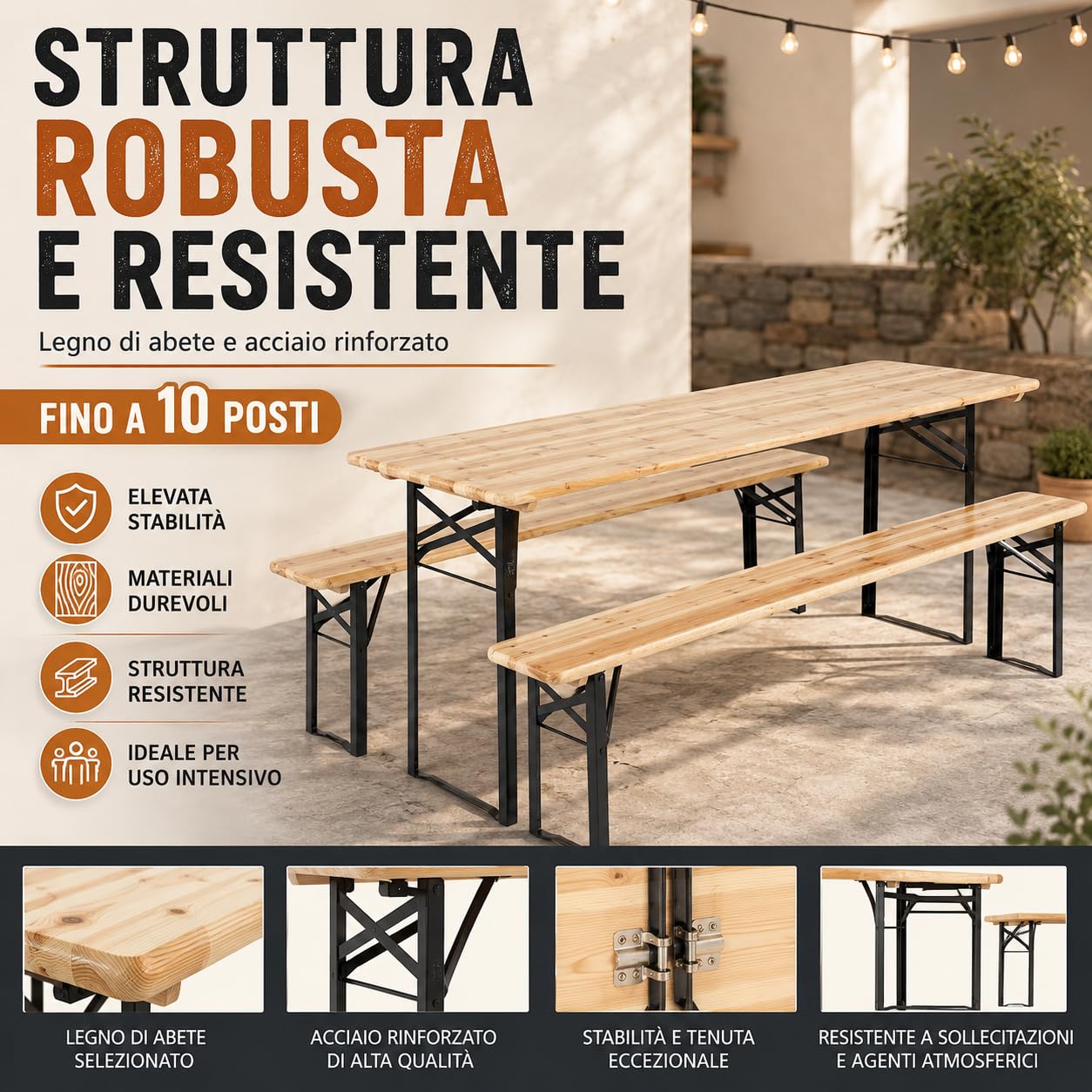 IlGruppone Set Birreria XXL 220x70 cm 10 Posti – Tavolo Pieghevole con 2 Panche in Legno di Abete e Acciaio Rinforzato – Set 3 Pezzi Richiudibile e Salvaspazio per Feste, Sagre, Giardino e Outdoor