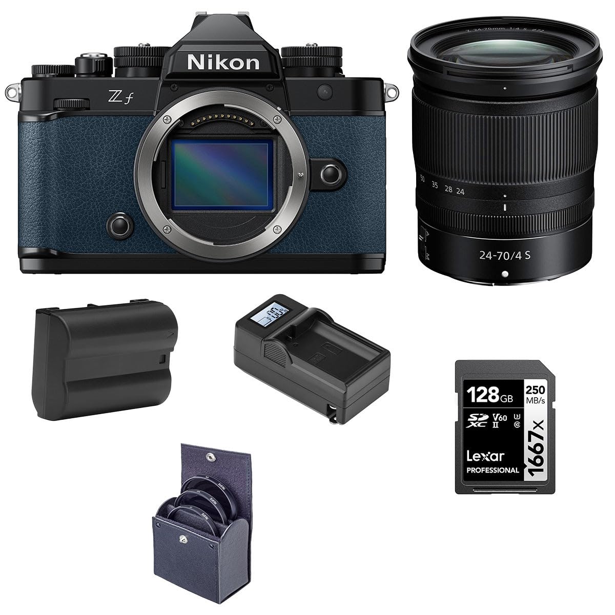 Nikon Z f Mirrorless Camera, Blue with NIKKOR Z 24-70mm f/4 S Lens, Bundle with Battery, 128GB Memory Card and 72mm Filter Kit