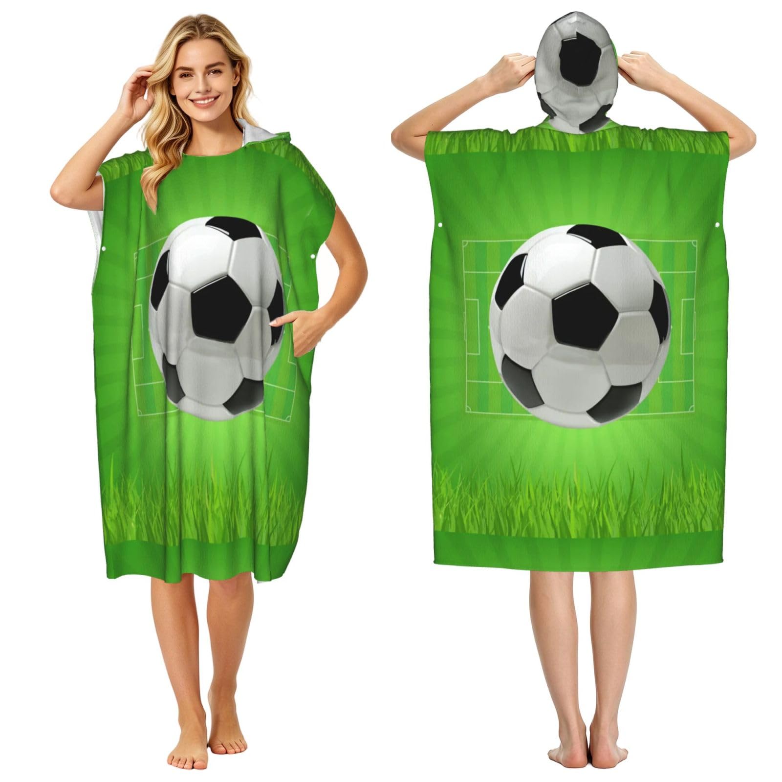 Poadnly Soccer Football Field, Adult Hooded Beach Towel 90 x 110 cm,Changing Bath Robe, Surf Poncho Towel For Women Men