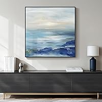 Cuspin Framed Blue Abstract Coastal Wall Art 30x30 Inch - Modern Minimalist Seascape Canvas Print for Living Room, Bedroom, Office Decor
