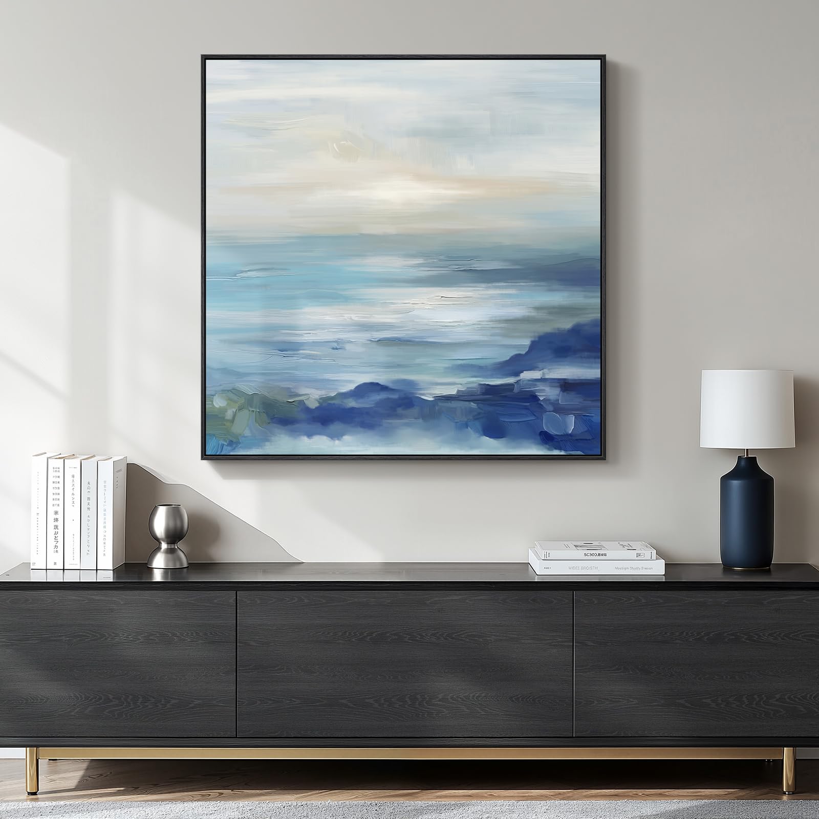 Framed Blue Abstract Wall Art for Living Room, Large Coastal Canvas Artwork for Walls Decor, Seascape Square Beach Ocean Minimalist Paintings Prints