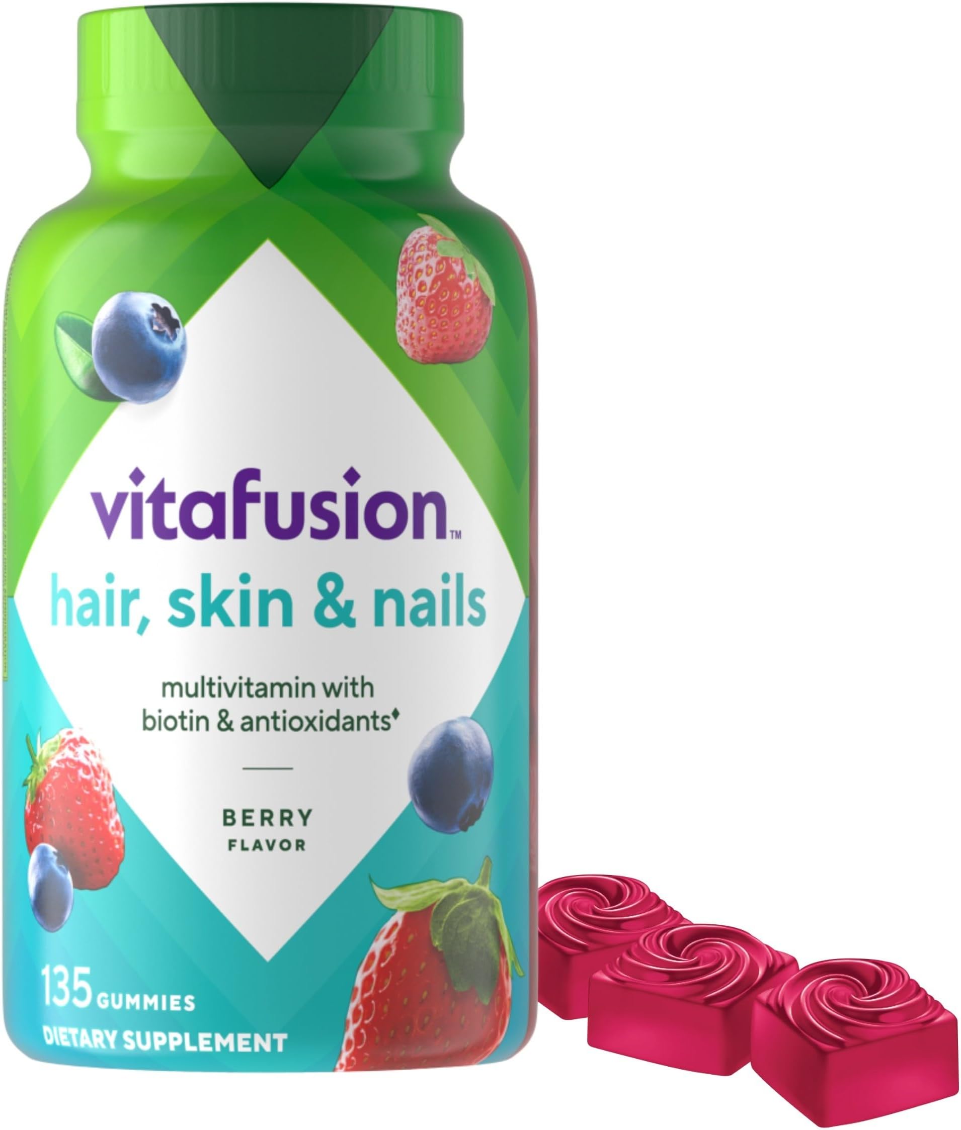 Vitafusion Gorgeous Hair, Skin & Nails Multivitamin Gummy Vitamins, plus Biotin and Antioxidant vitamins C&E, Raspberry Flavor, 135ct (45 day supply), from America’s Number One Gummy Vitamin Brand