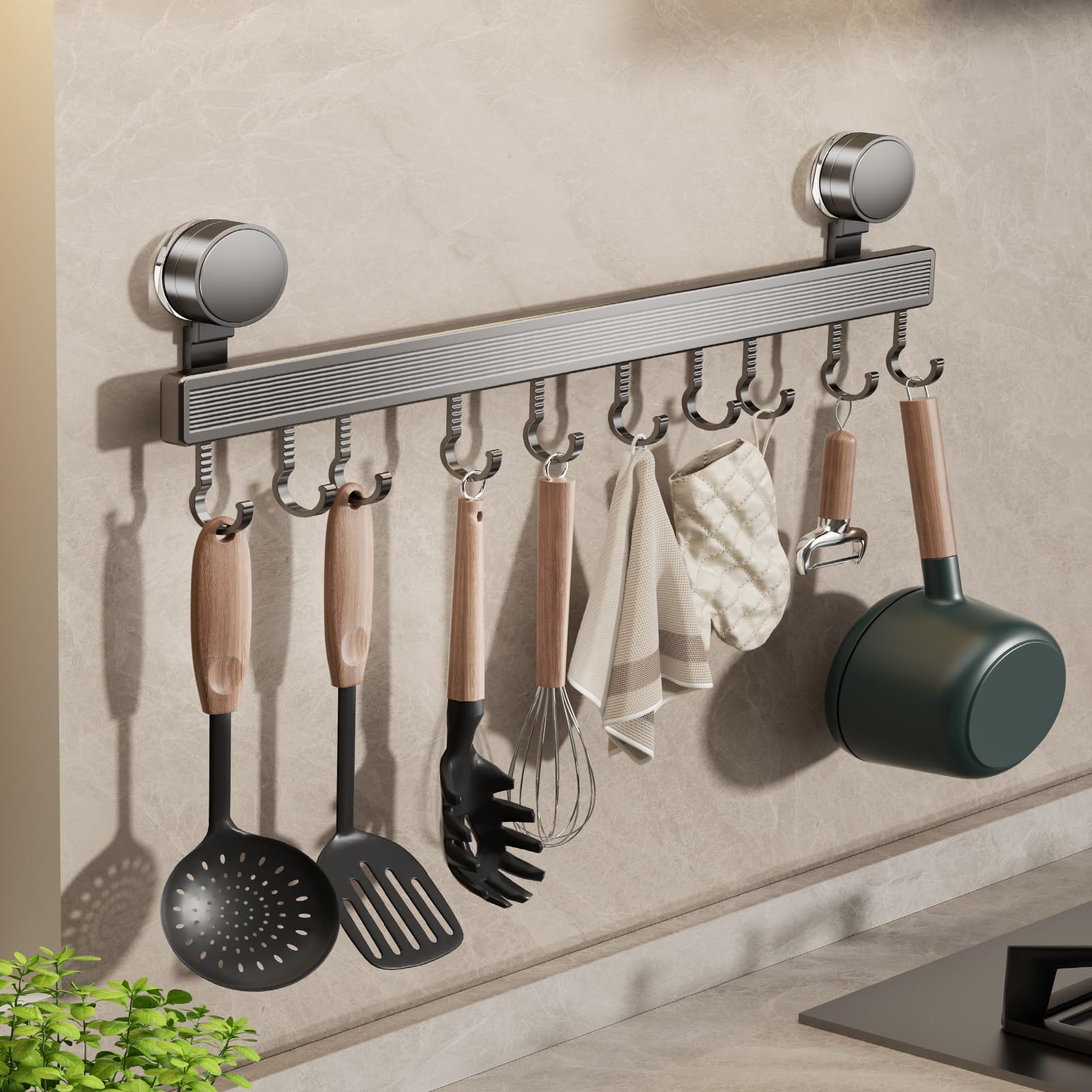 FERCOSEN Kitchen Hook Rack No Drilling with Suction Cup | 10 Hooks, 50 cm Long, 20 kg Load Capacity, 1 Minute Installation | Removable Rustproof Hook Rail for Kitchen Utensils
