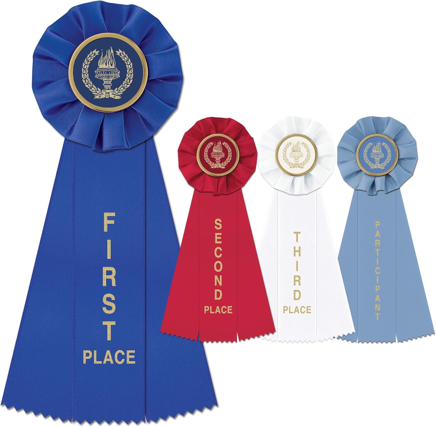 Hodges Badge - 4 Pack - 1st 2nd 3rd and Paricipant Rosette Award Ribbons - Victory Torch Rosette Award Ribbons - Made in USA