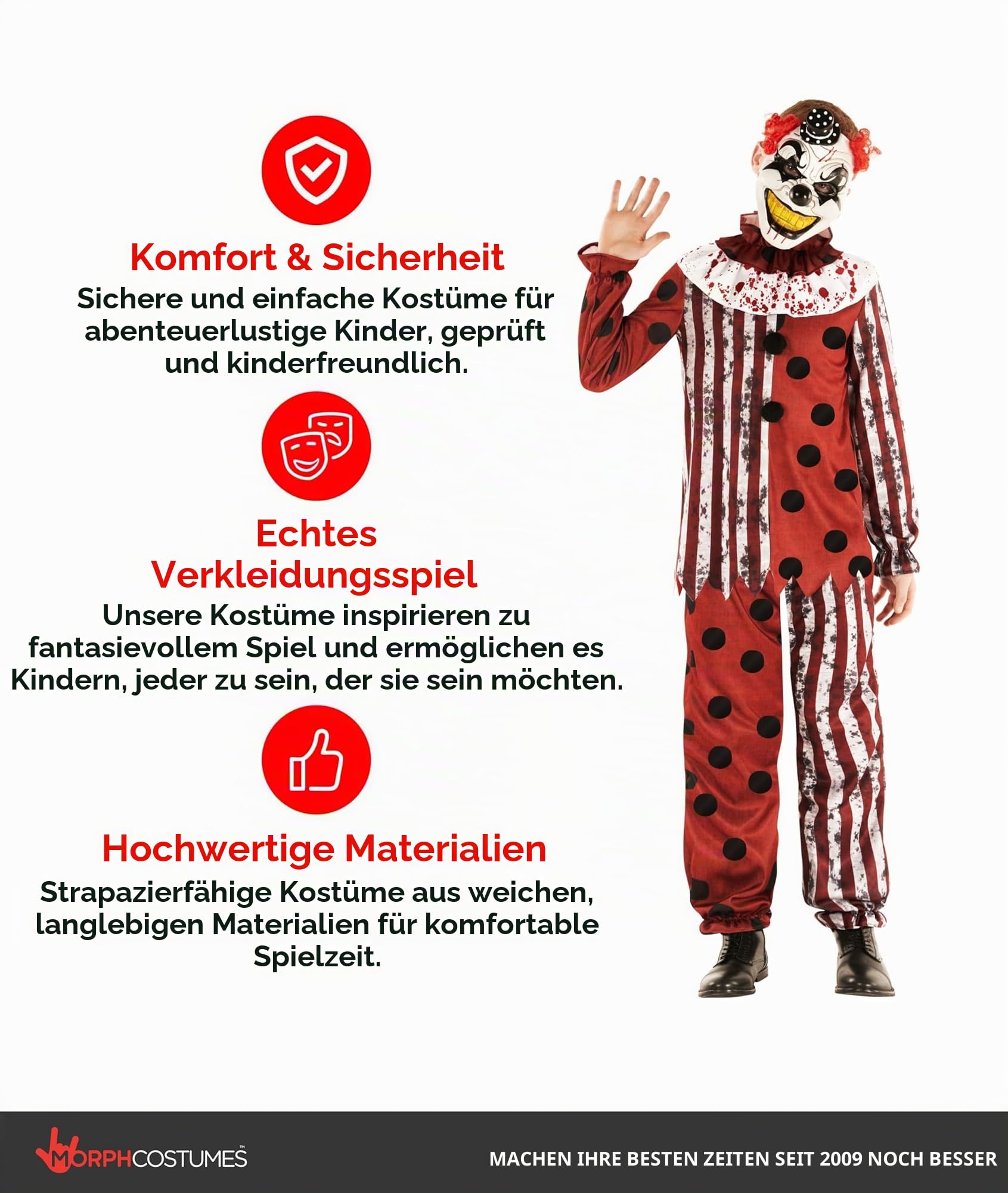 Morph Clown Kostüme für Kinder, Halloween Kostüm Kinder Clown, Horrorclownkostüm Kinder, Kinder Kostüm Clown, Clown Kostüm Jungen in 5 Größen (3-4 Jahre, S, M, L, XL)