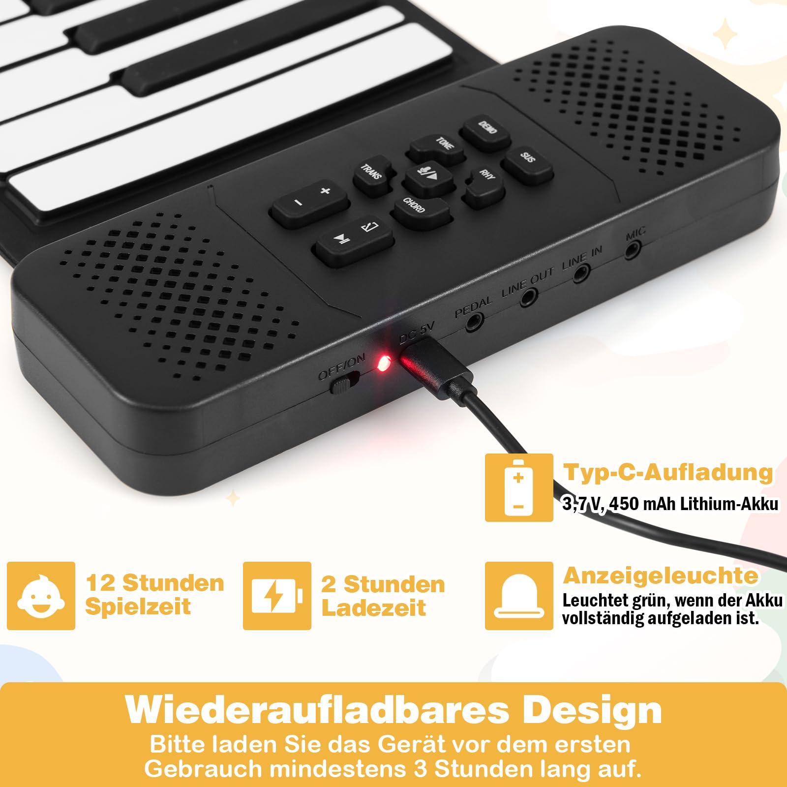 COSTWAY 88 Tasten Roll Up Piano, Keyboard Klavier faltbar mit 128 Rhythmen & 128 Tönen & 14 Demos, E-Piano mit MIDI-Bluetooth & Sustain-Pedal, Silikon Rollklavier für Kinder