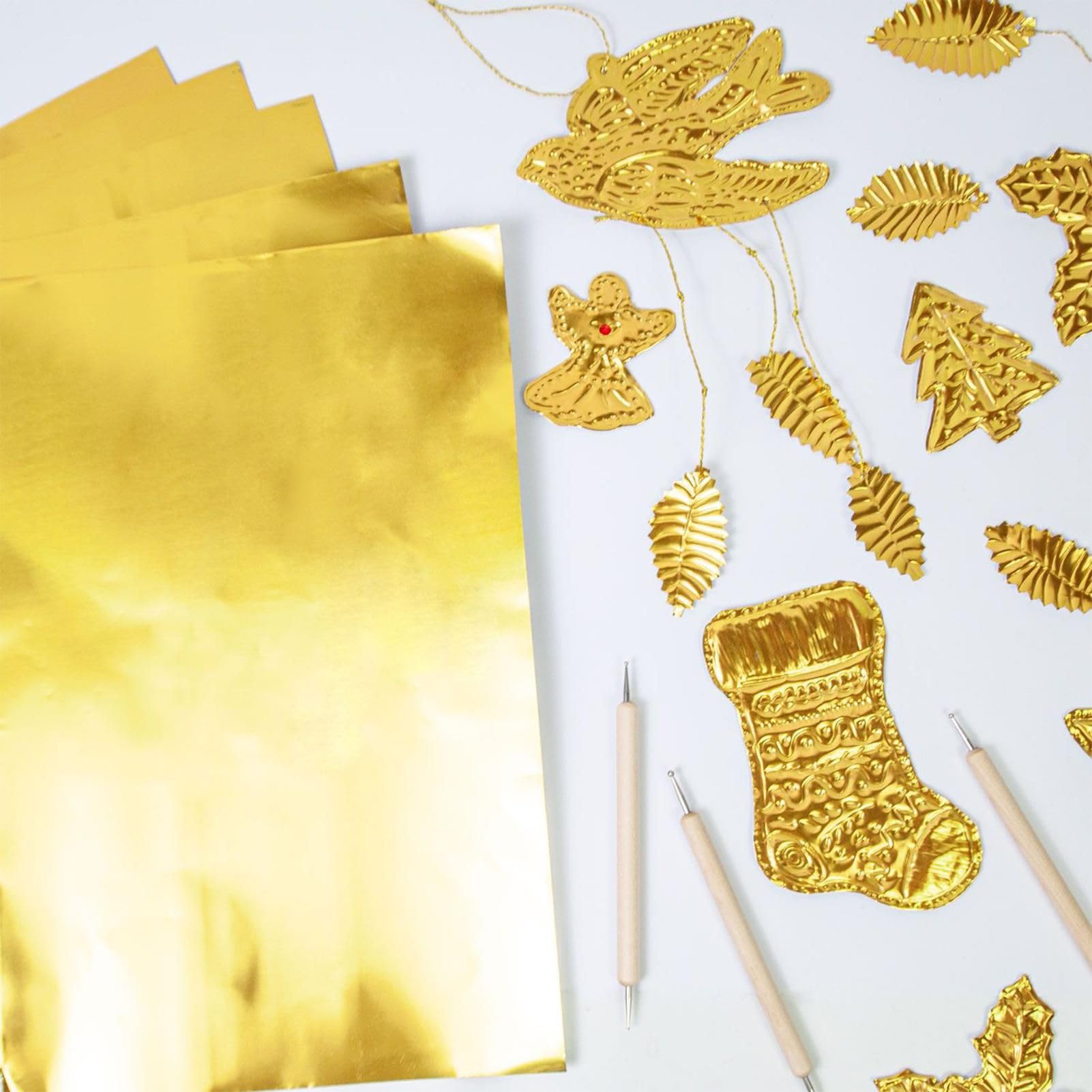 Hojas de estaño de aluminio para manualidades, grabado, pintura, 0,07 mm, 15 x 15 cm, paquete de 20 unidades, oro en la parte delantera, plateado en la parte posterior, papel decorativo de aluminio de
