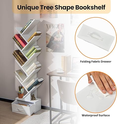 Miniatura 5 de Giantex Estantería de árbol con cajón, 10 estantes que ahorran espacio, estantería de madera blanca, estante de almacenamiento de madera retro