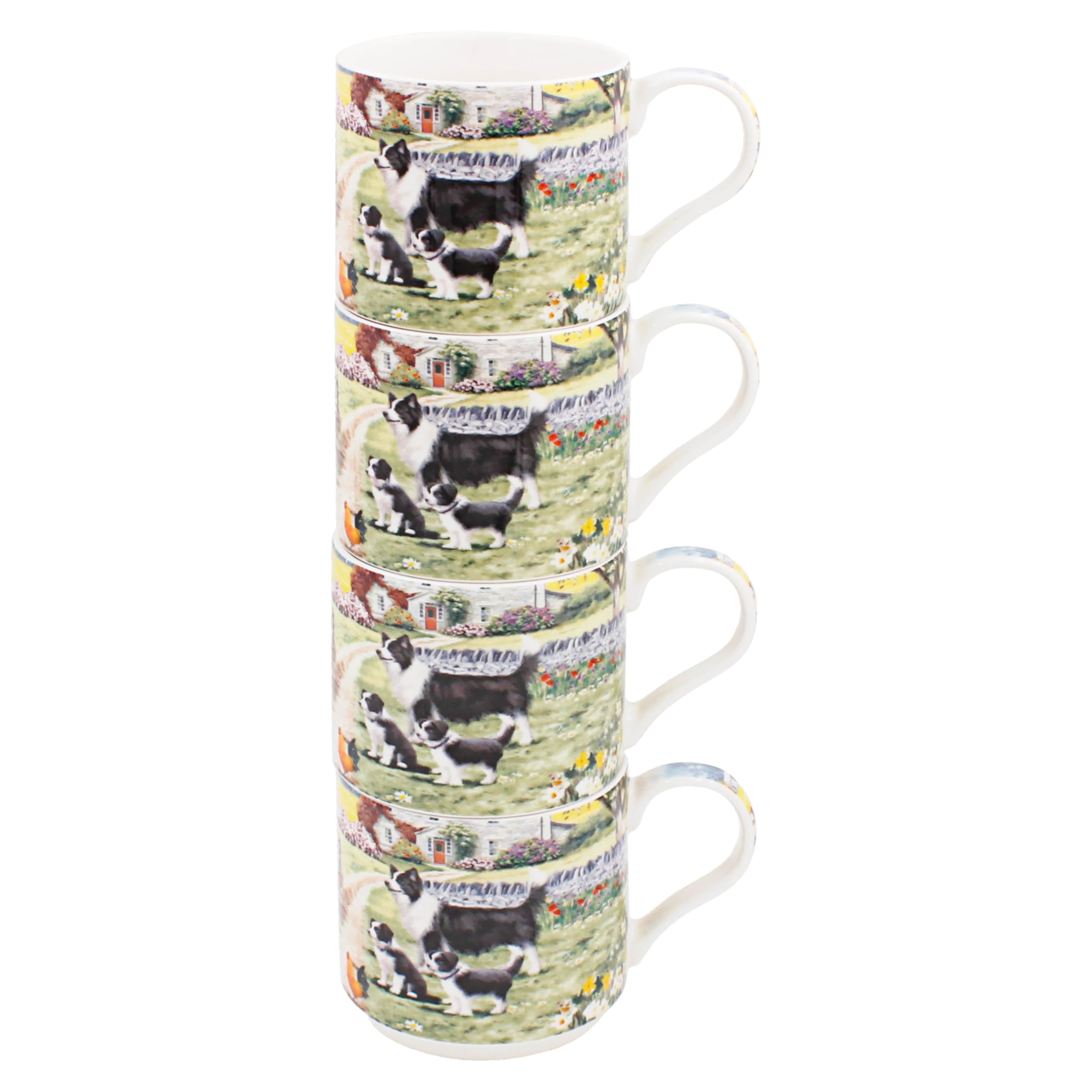 The Leonardo Collection Macneil Collie & Sheep Fine China Collie&Sheep Stacking Mugs Set of 4 x 300ml for Hot & Cold Drinks | Durable Coffee Cups for Home & Office | Easy-to-Hold Mugs for Daily Use