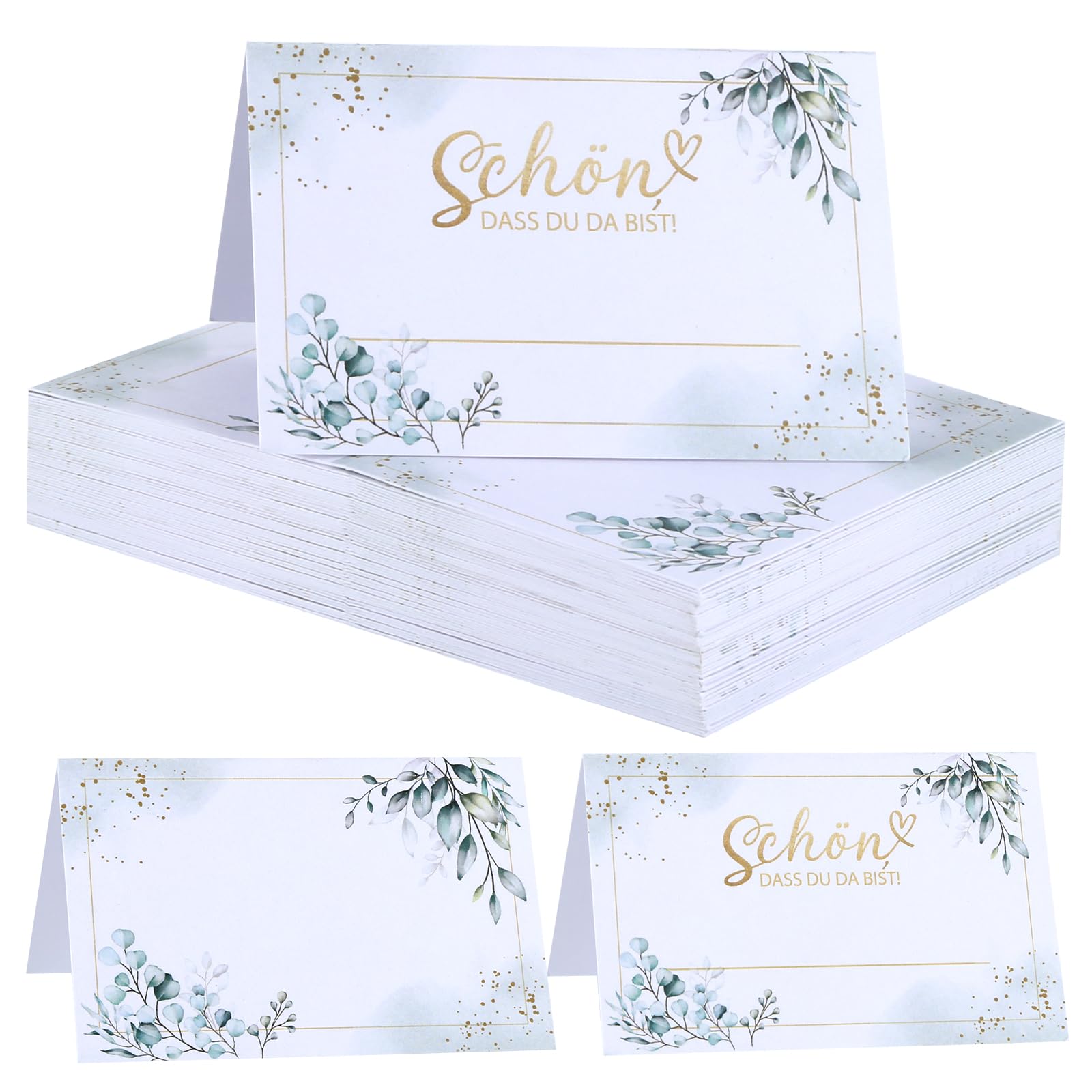 50 tarjetas de mesa de eucalipto, tarjetas de mesa de boda, decoración de mesa, tarjetas de lugar con texto "Schön, dass du da bist", para cumpleaños, bodas, bautizos, comuniones, confirmaciones,