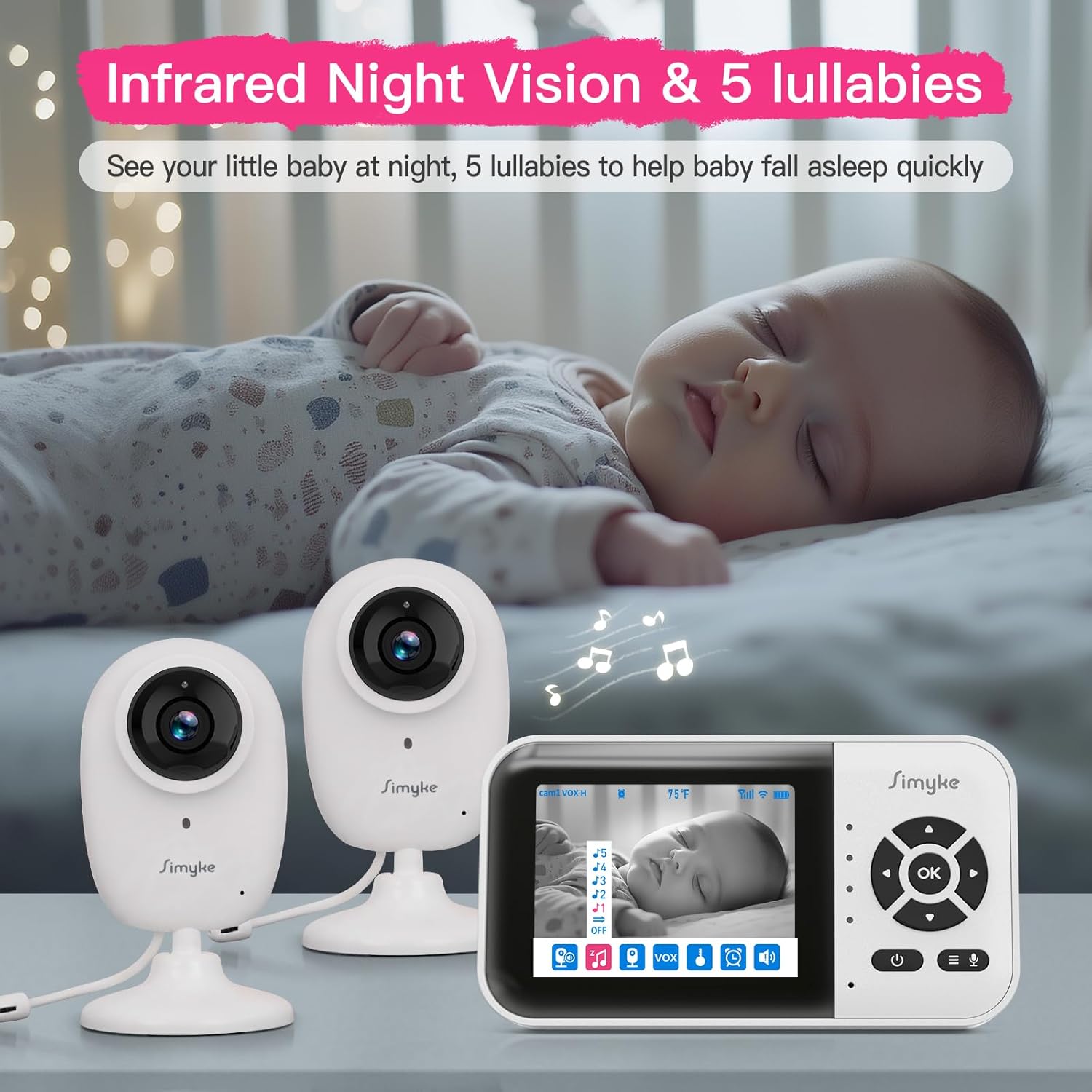 Simyke 1080p Smart AI 2 Camera Video Baby Monitor,WiFi Switch,2.8" inch Display or WiFi Remote Access,Night Vision,1500ft Long Range,2-Way Talk,Sound Alert,Temperature Sensor,Lullabies Feeding Remind