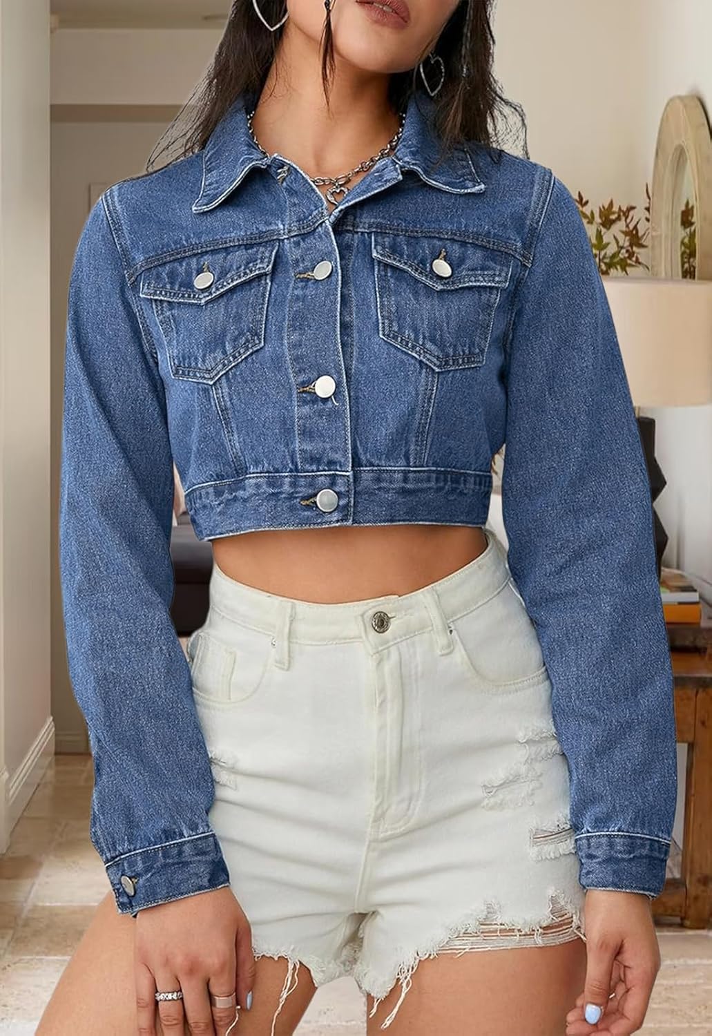 Women's Cropped Denim Jean Jacket Button Down Frayed Washed Long Sleeve Casual Jacket Coats - Image 5