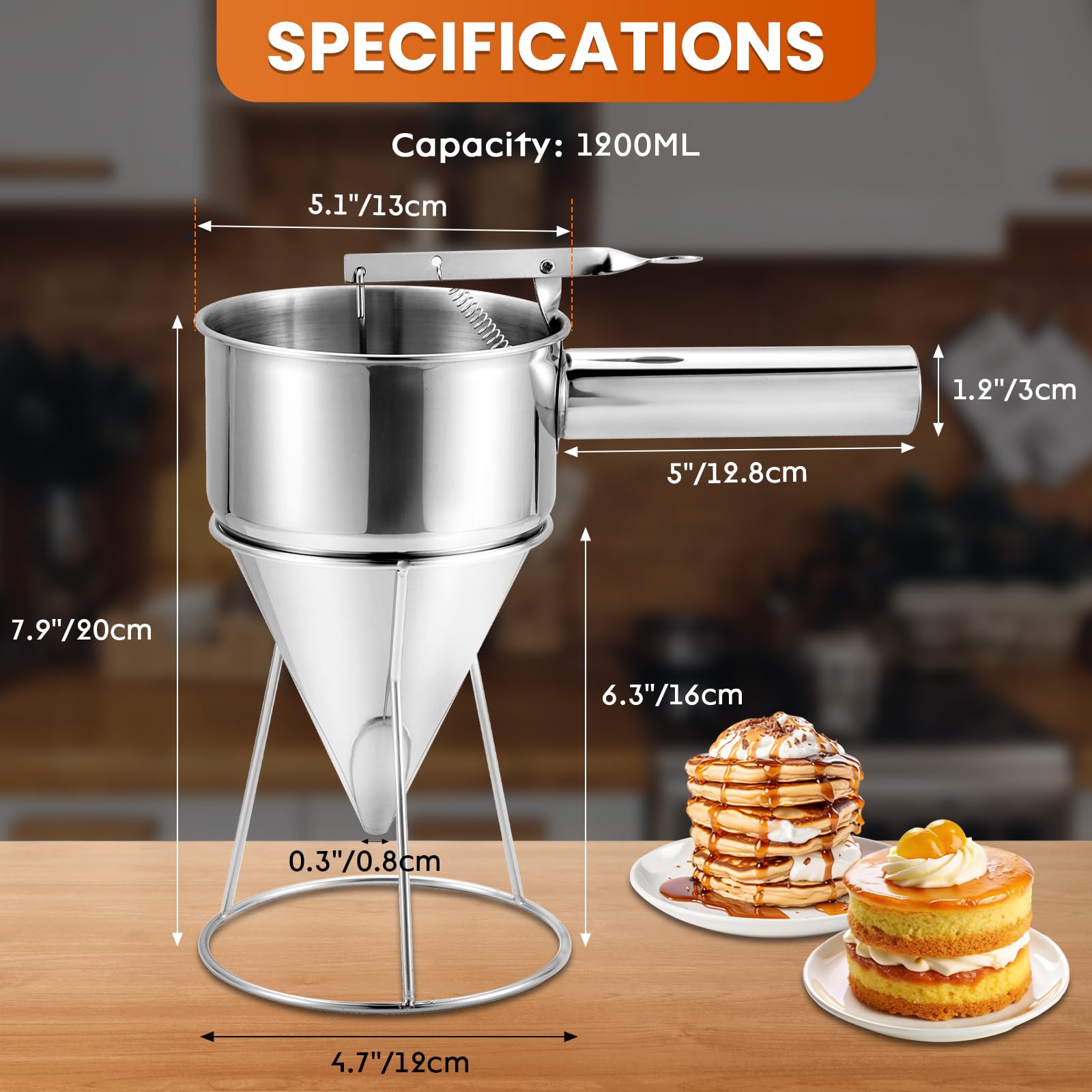 Dispensador de masa, dispensador de masa de panqueques de acero inoxidable, dispensador de embudo de pistón con soporte para postres de pastel de hornear Takoyaki