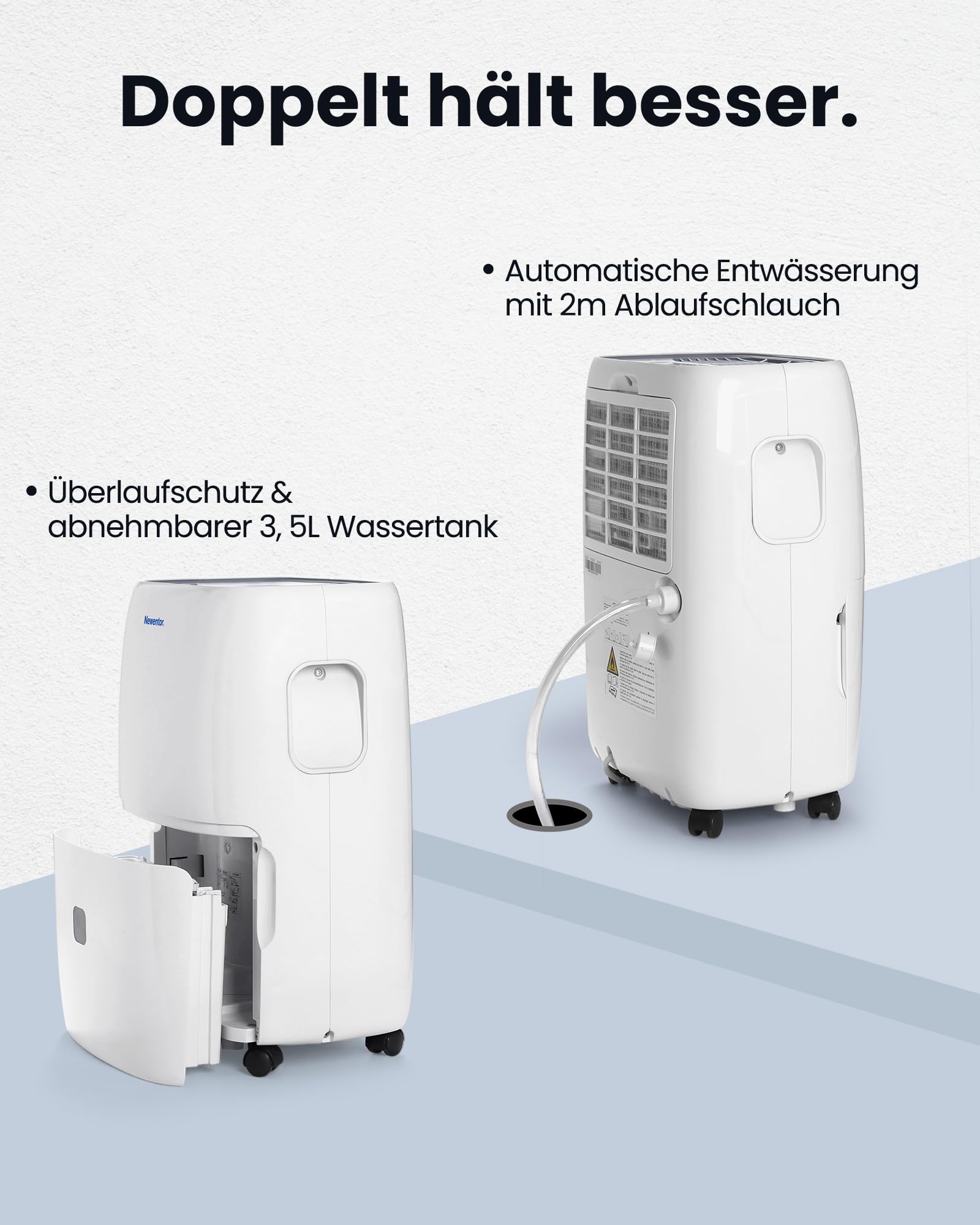 Newentor Luftentfeuchter elektrisch 25L, Entfeuchter elektrisch keller, Raumentfeuchter elektrisch, Dehumidifiers for home für 215m³/80m², mit Timer, Filter und 1M Ablaufschlauch, 10 J. Gar.