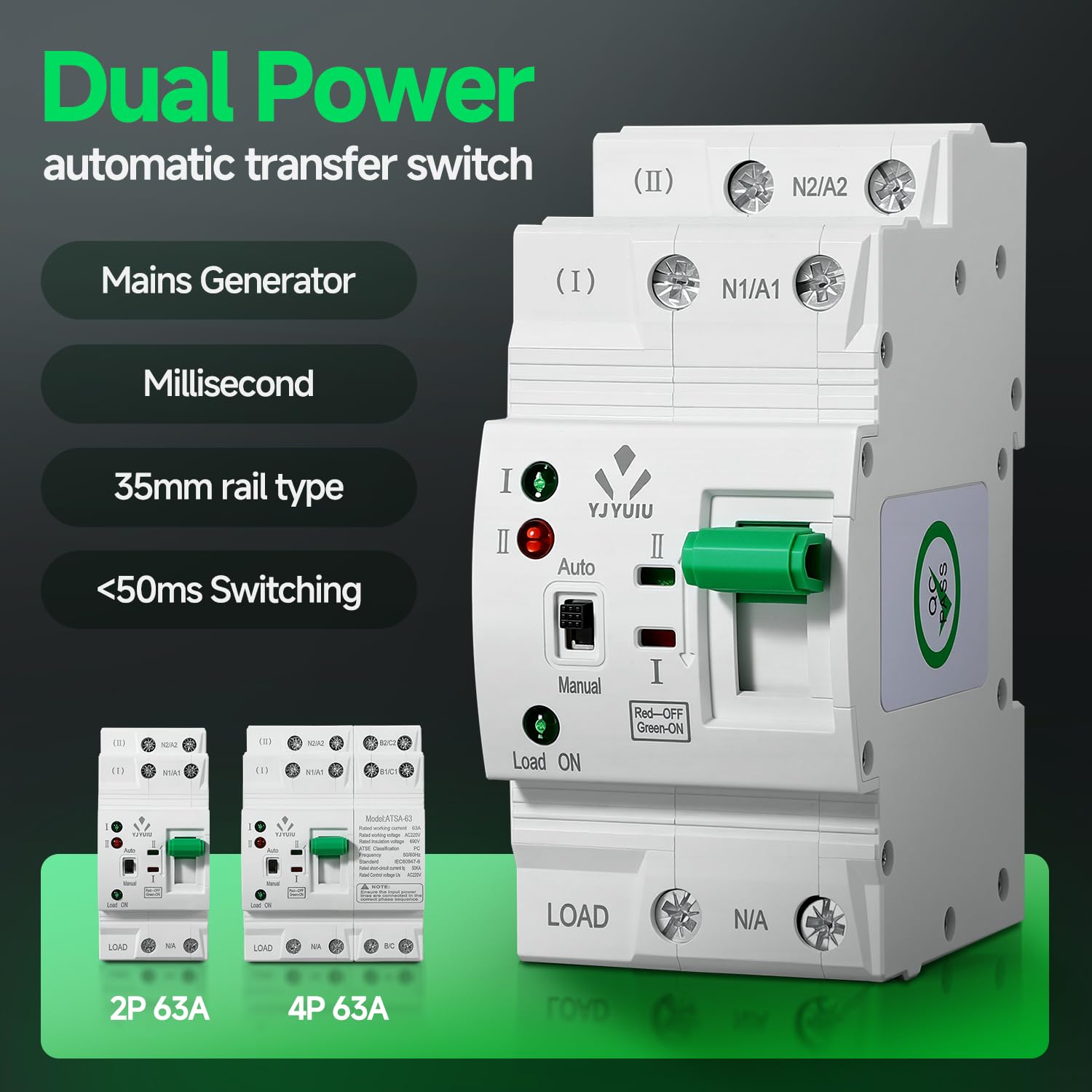Automatischer Transferschalter mit Doppelter Stromversorgung, Elektrischer Wahlschalter, Unterbrechungsfreie Stromversorgung auf DIN-Schiene, Automatische/Manuelle Umschaltung (2P 63A 230V)