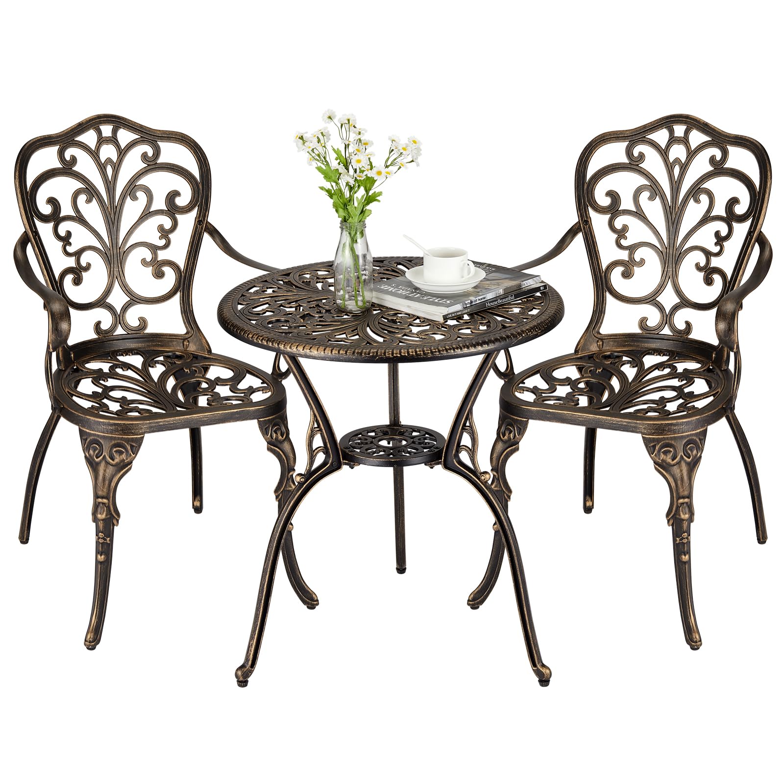 3-teiliges Bistro-Set aus Aluminium-Druckguss – Tisch mit Sonnenschirm-Portal – 2 Stühle wetterfest – ideal für Garten, Terrasse, Balkon, Pool – Farbe Bronze