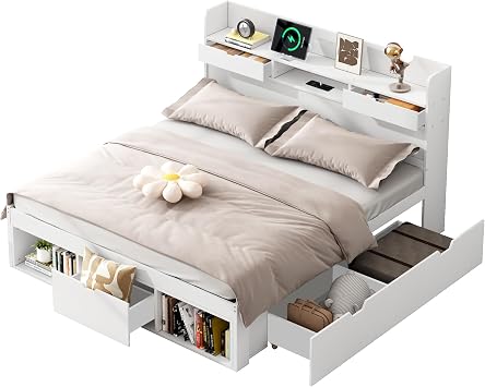 BTM Double Bed with Storage, Double Bed Frame with Drawers, Bookcases and USB Port, Multifunctional Bed with Storage Headboard for Kids, 4ft6-135x190cm, No Mattress