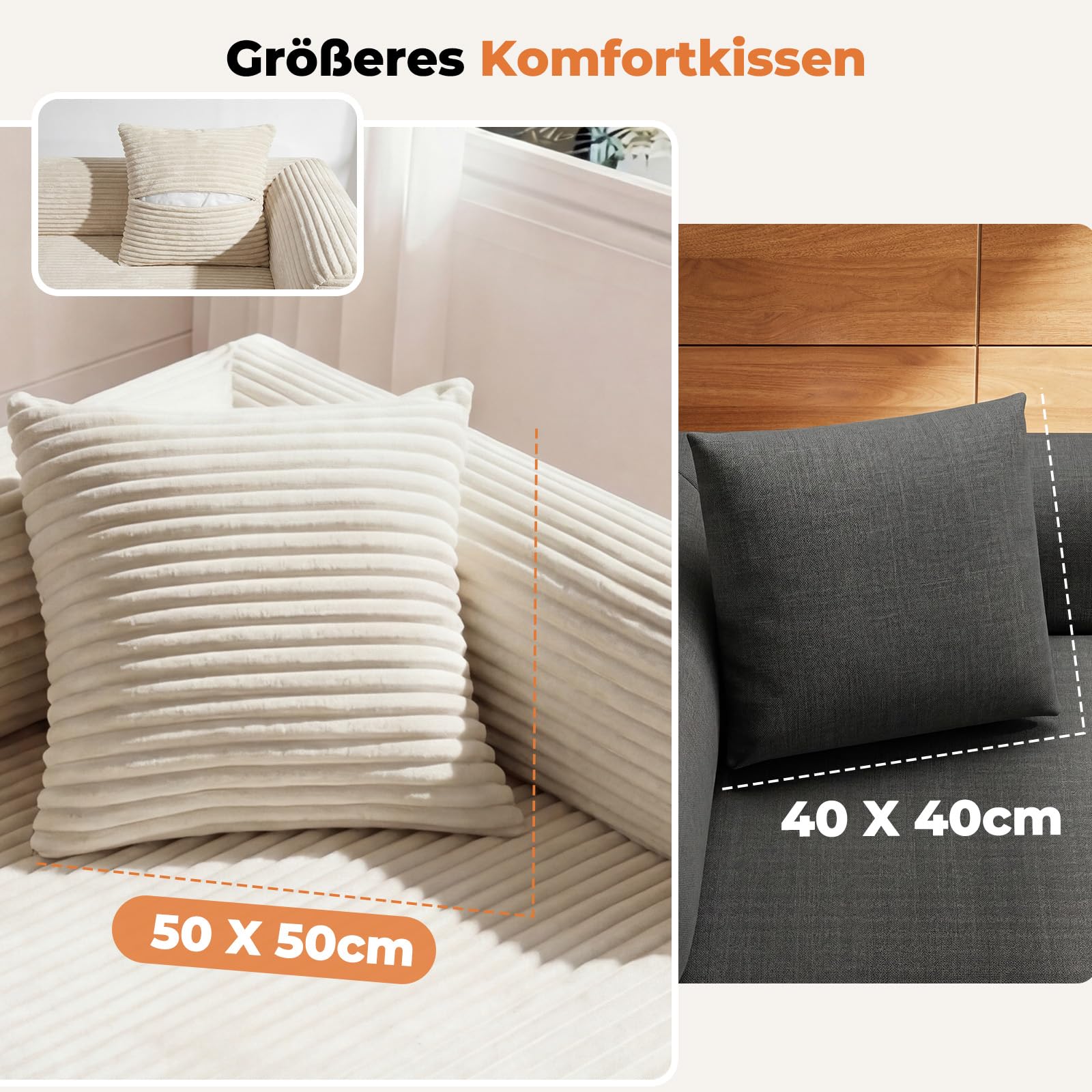 HOMRELEXA Schlafsofa 200cm Breit, Boneless Couch, Bodensofa Bed mit Hohe Rückenlehne, Abnehmbare Integrierte Kopf- und Lendenstütze, 2 Zierkissen, Seitentasche, Cord Sofa mit schlaffunktion, Beige