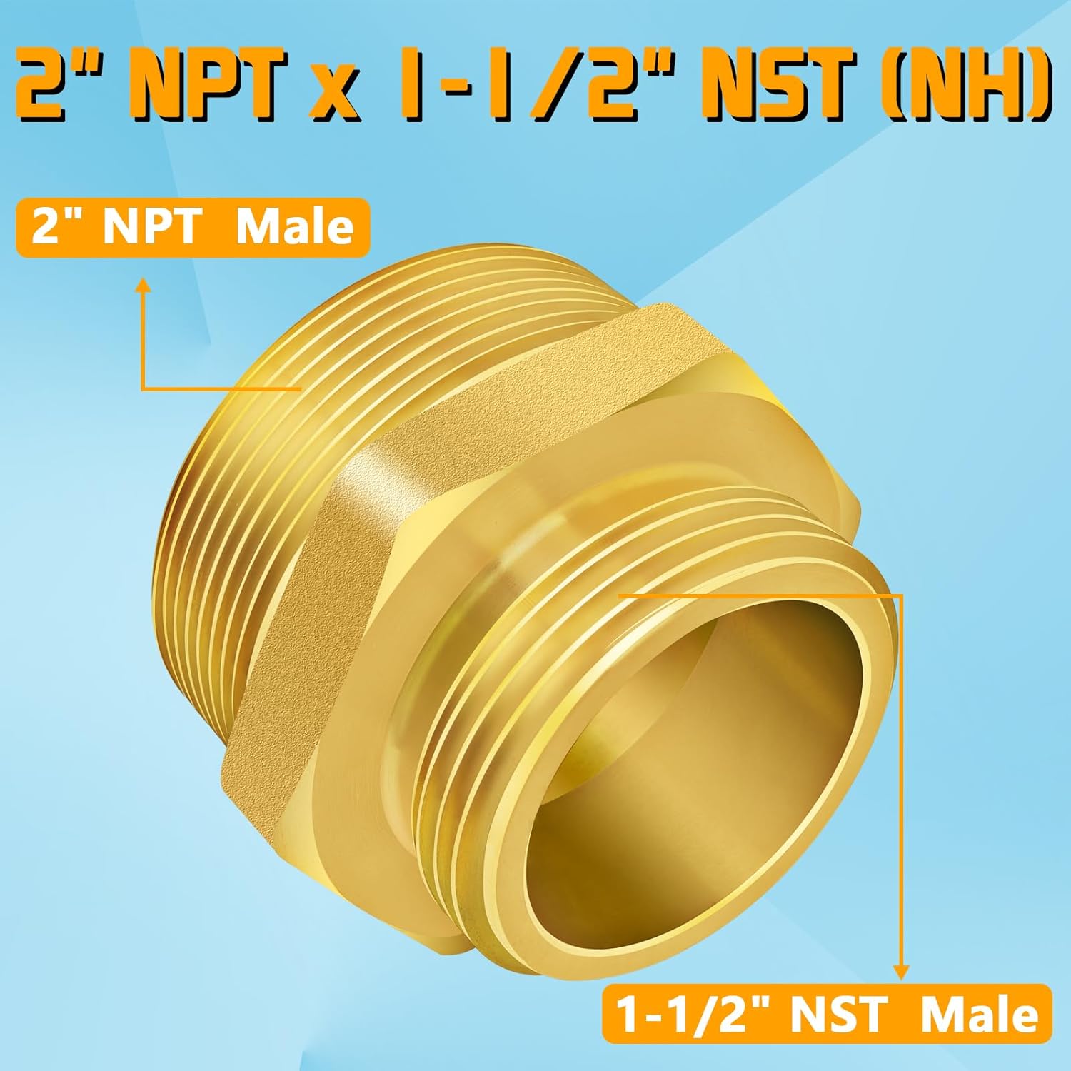 Fire Hydrant Hex Nipple, 2" NPT x 1-1/2" NST (NH) Male Fire Hydrant Hose Adapter Fitting Double Male Brass Fire Hydrant Connector