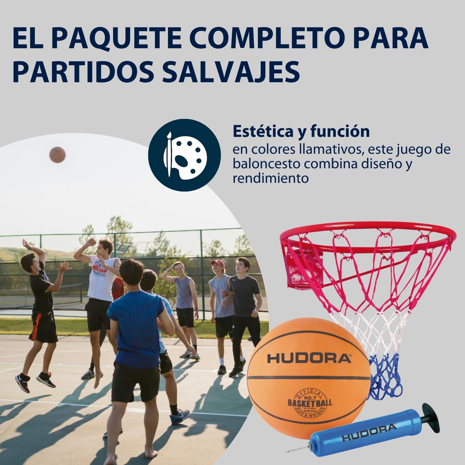 HUDORA - Juego de Baloncesto Slam It - Juego de Baloncesto con Korb, Baloncesto Größe 7 y Bomba de Mano - Robusto Baloncesto para drinnen y draußen - Baloncesto aus Gummi für Kinder & Erwachsene
