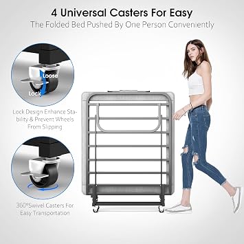 RVONOW Folding Bed with Mattress, Portable Fold Up 79x190cm Bed for Adults, Space Saving Foldable Single Guest Beds on Wheels, 6cm Thick Memory Foam Mattress and Metal Frame