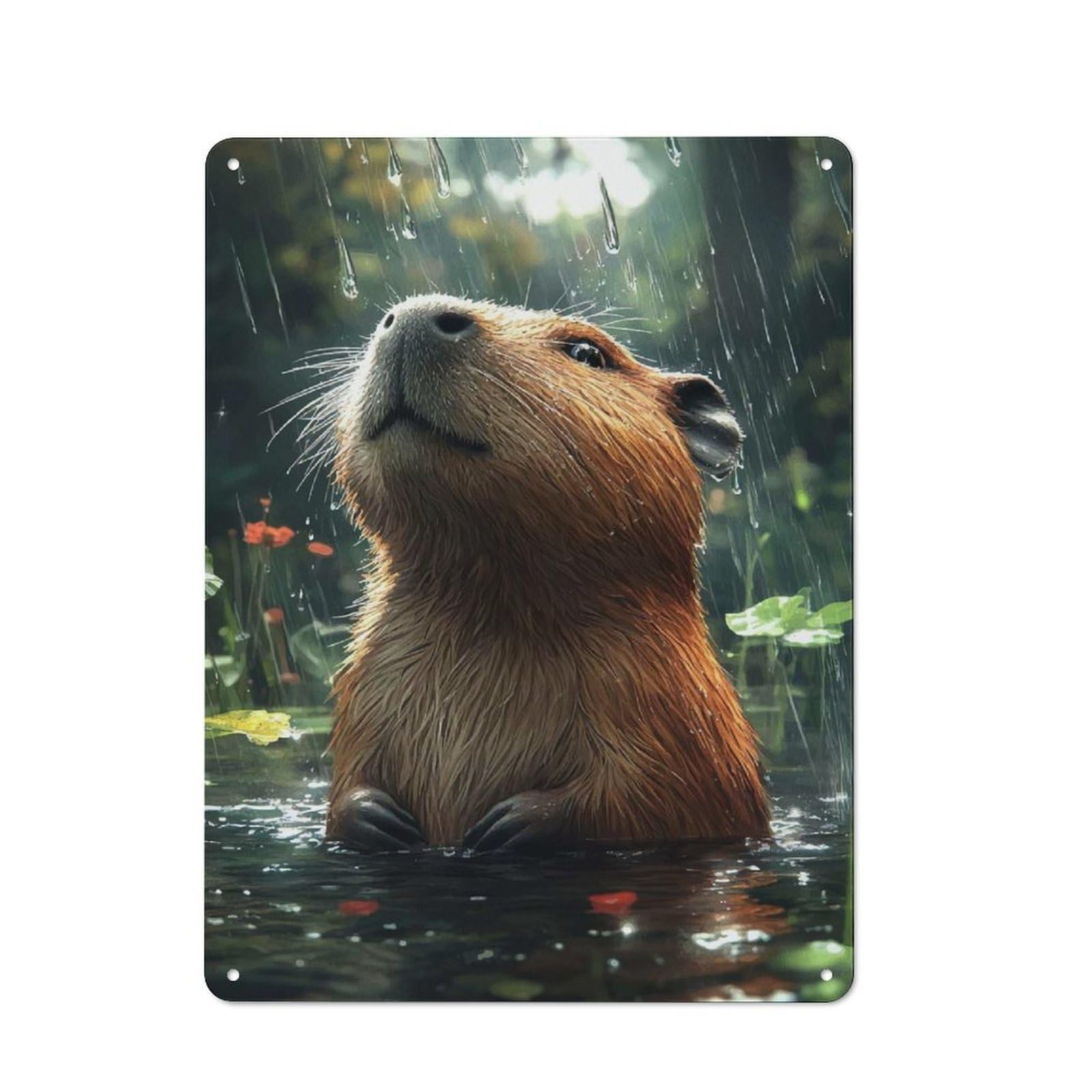 Capybara in The Rain Character Metal Wall Decor 40x30cm, Vintage Metal Sign for Home, Shop, Pub Or Studio Wall