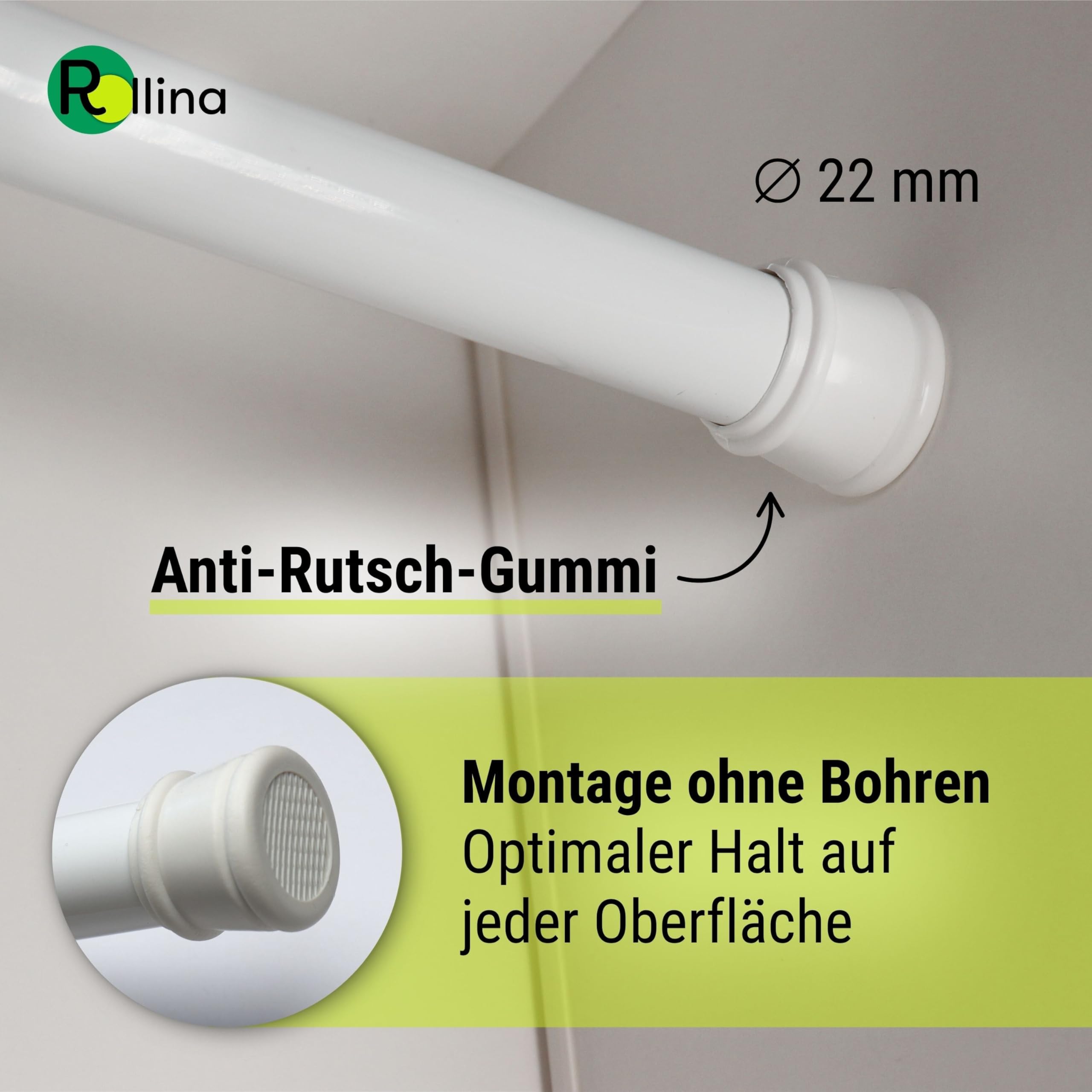 Rollina Duschstange ohne Bohren | Vorhangstange Klemmen rostfrei, 80-130cm | Teleskop Klemmstange für Gardinen | Stabile Duschvorhangstange | Vielseitiger Gardinenstangenhalter | Für Bad & Dusche