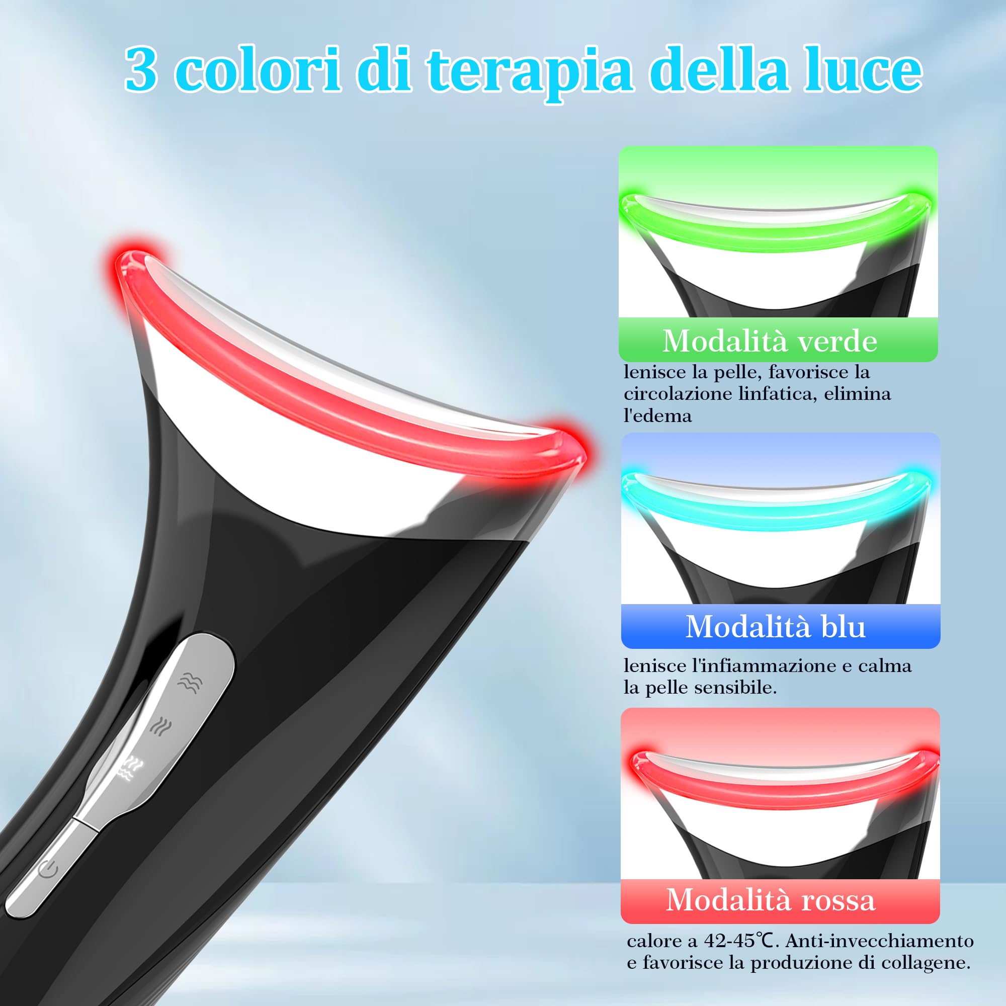 Massaggiatore Viso Antirughe, Dispositivo di Bellezza con 45 ℃ EMS per Lifting e Rassodamento Viso e Collo, Gua Sha Elettrico con 3 Modi LED Terapia Della Luce