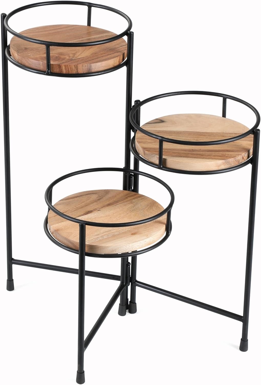 BIRDROCK HOME 3-Tier Plant Stand - Natural Acacia Wood - 8 Diameter Wood Base - Collapsible Adjustable Flower Pot Holder- Feet Protectors