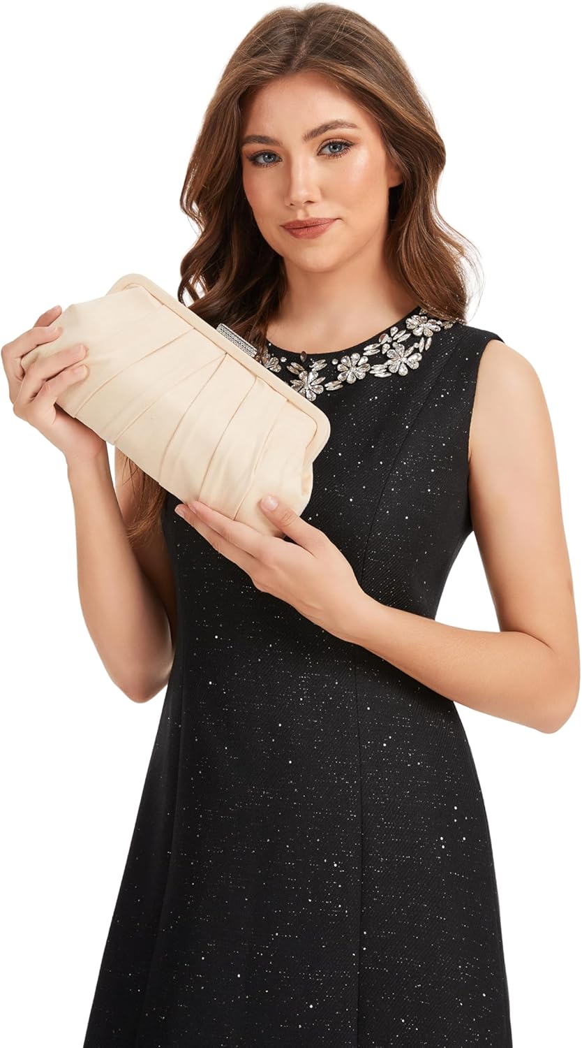 Rhinestone Clasp Clutch Purses for Women Faux Suede Evening Bag Formal Pleated Clutch Purse for Wedding Prom Party