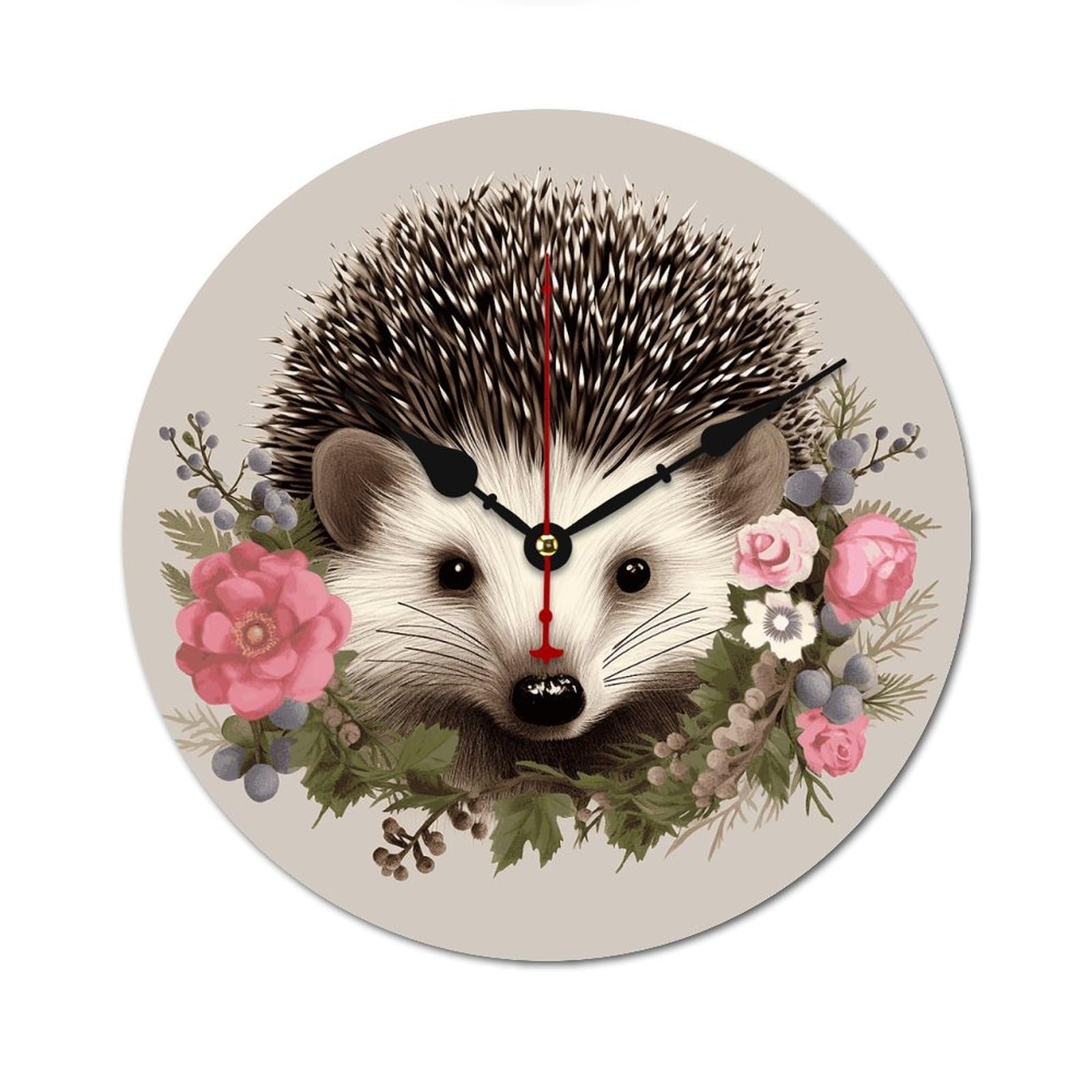 Horloge murale en bois 60 cm hérisson floral moderne sans tic-tac