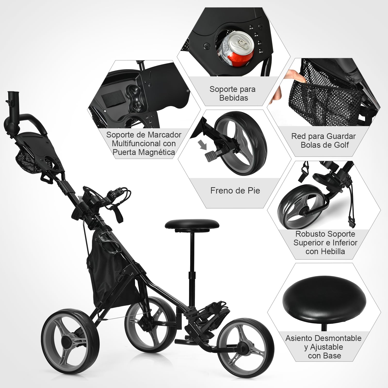 GYMAX Carro de Golf Plegable 3 Ruedas con Altura Ajustable y Portabebidas